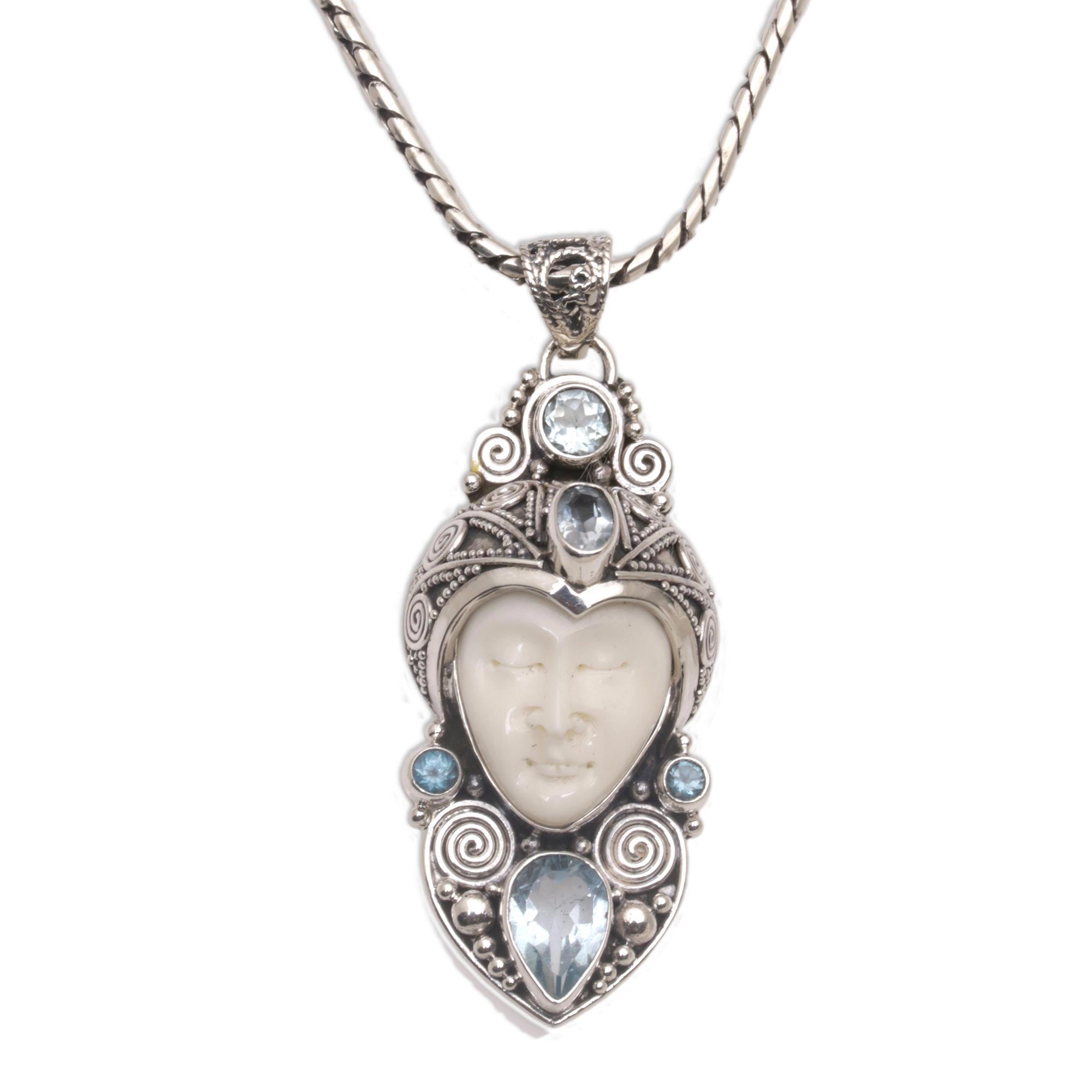 Premium Royal Knight Blue Topaz Pendant Necklace - Handcrafted Silver & Bone Jewelry