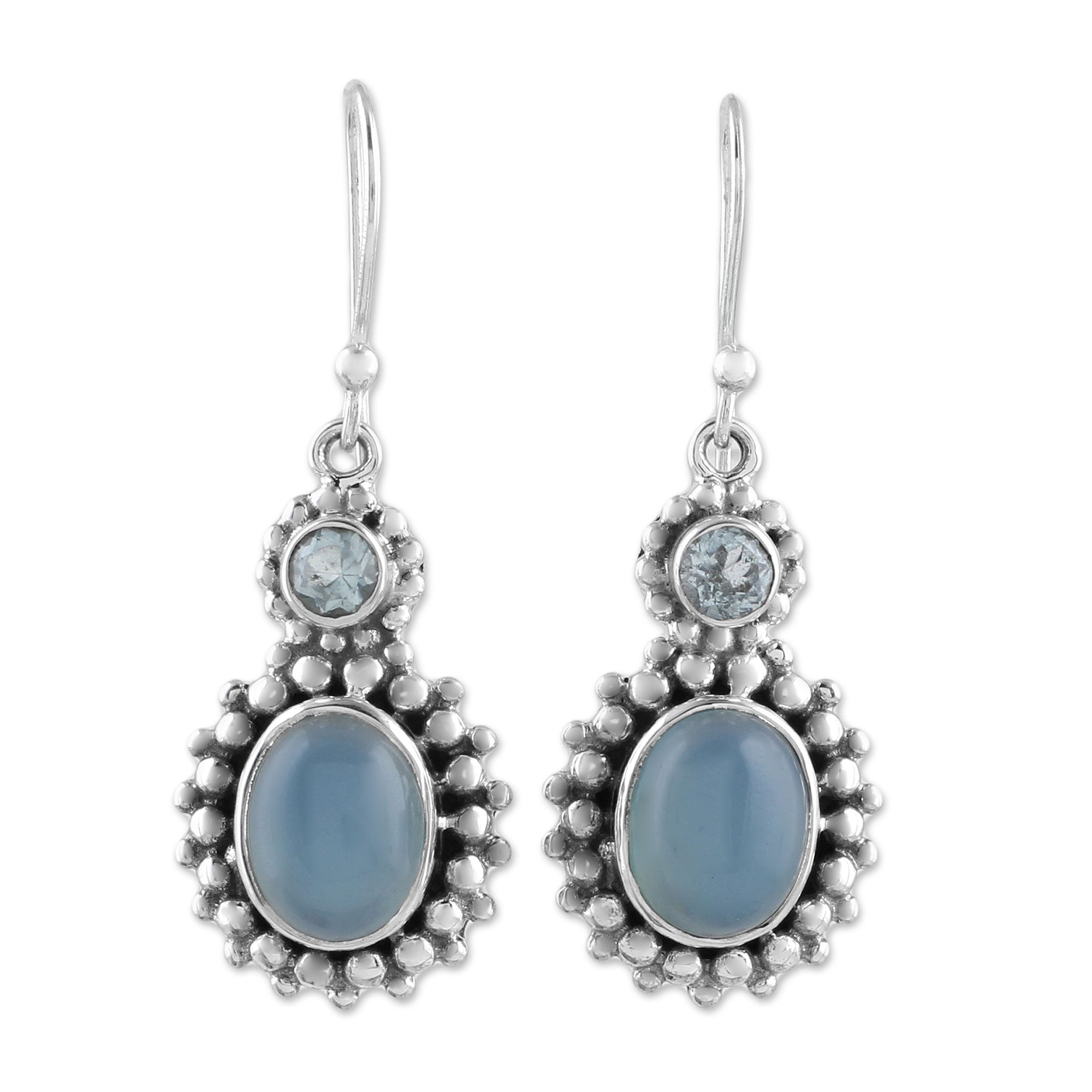 Premium Ocean Dots Chalcedony & Topaz Silver Dangle Earrings