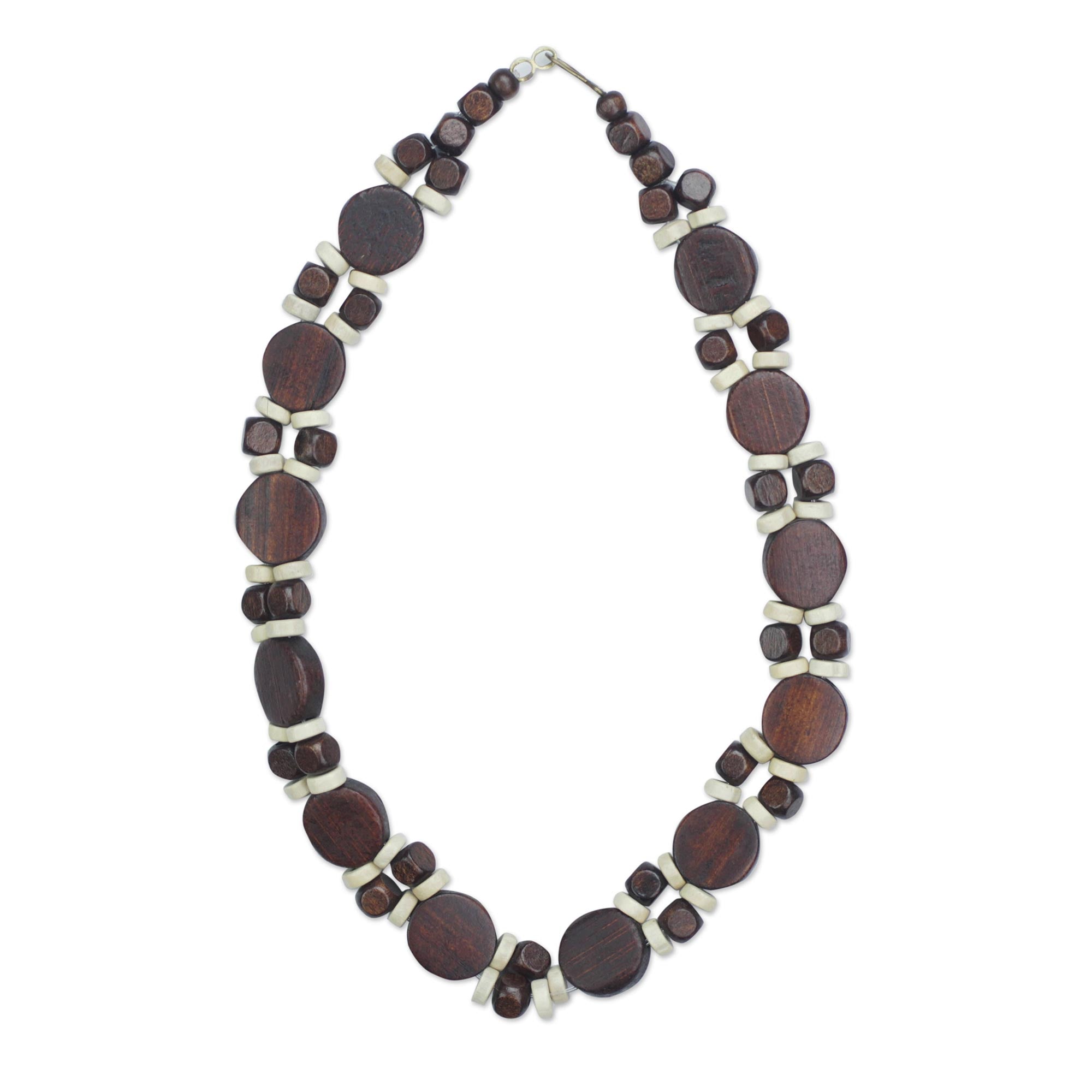 Premium Handcrafted Ghanaian Wood Beaded Necklace – Brown & White Design