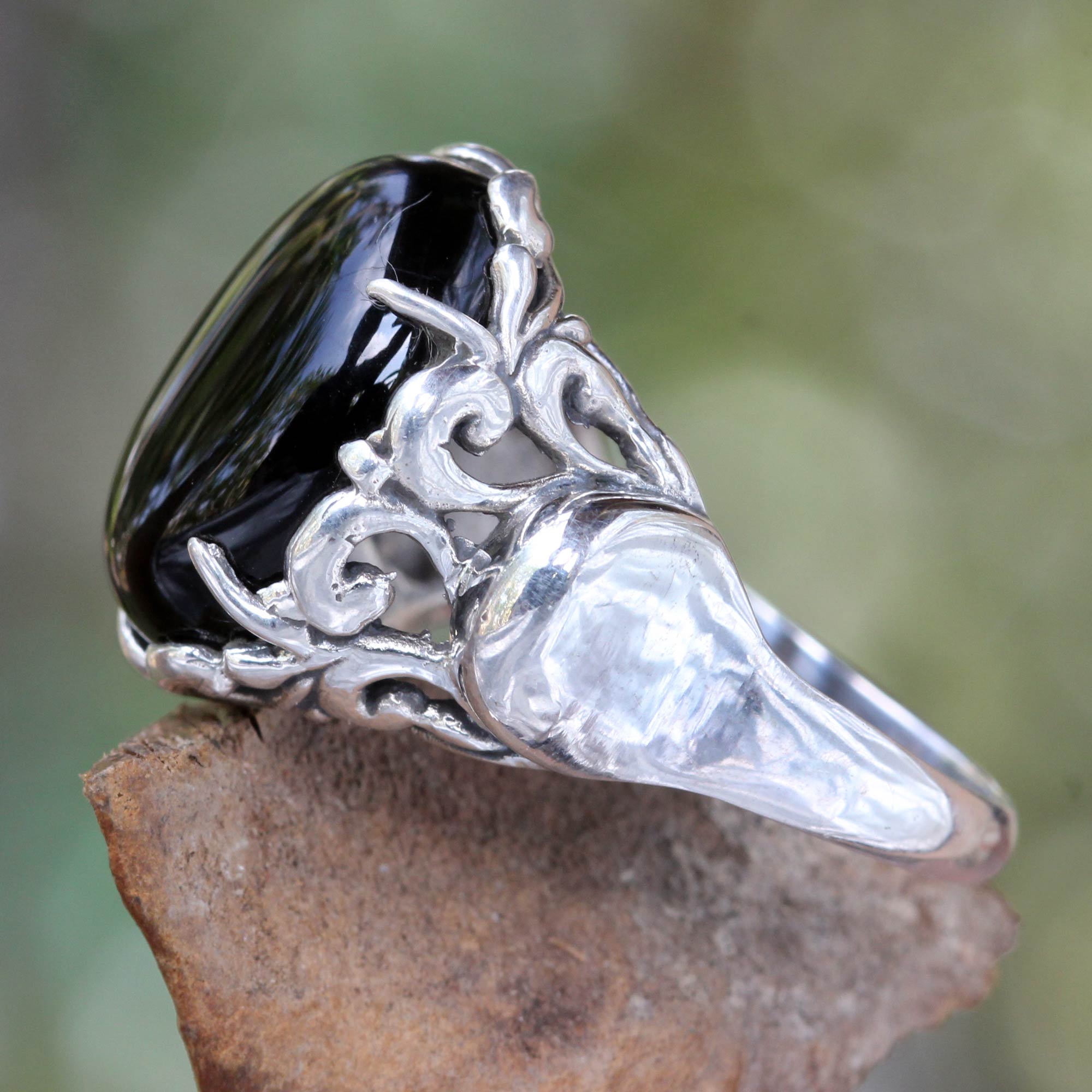 Premium Night Shadow Sterling Silver and Onyx Ring - Handcrafted Elegance