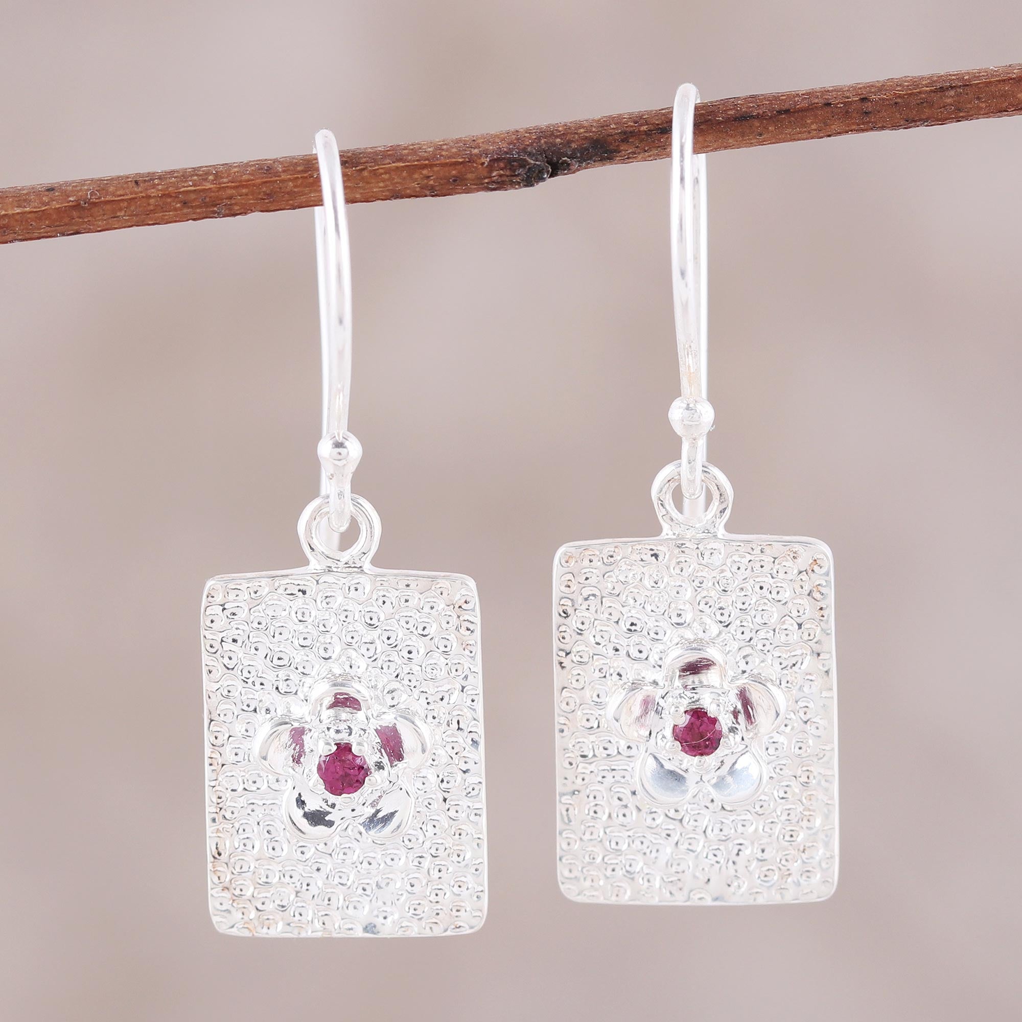 Premium Floral Garnet Dangle Earrings - Handcrafted Sterling Silver Jewelry from India