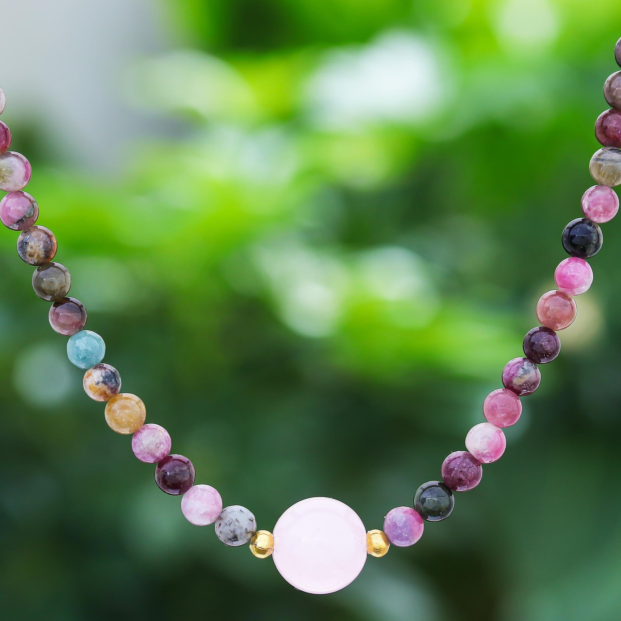 Premium Rose Quartz & Tourmaline Beaded Necklace - Handmade Elegance