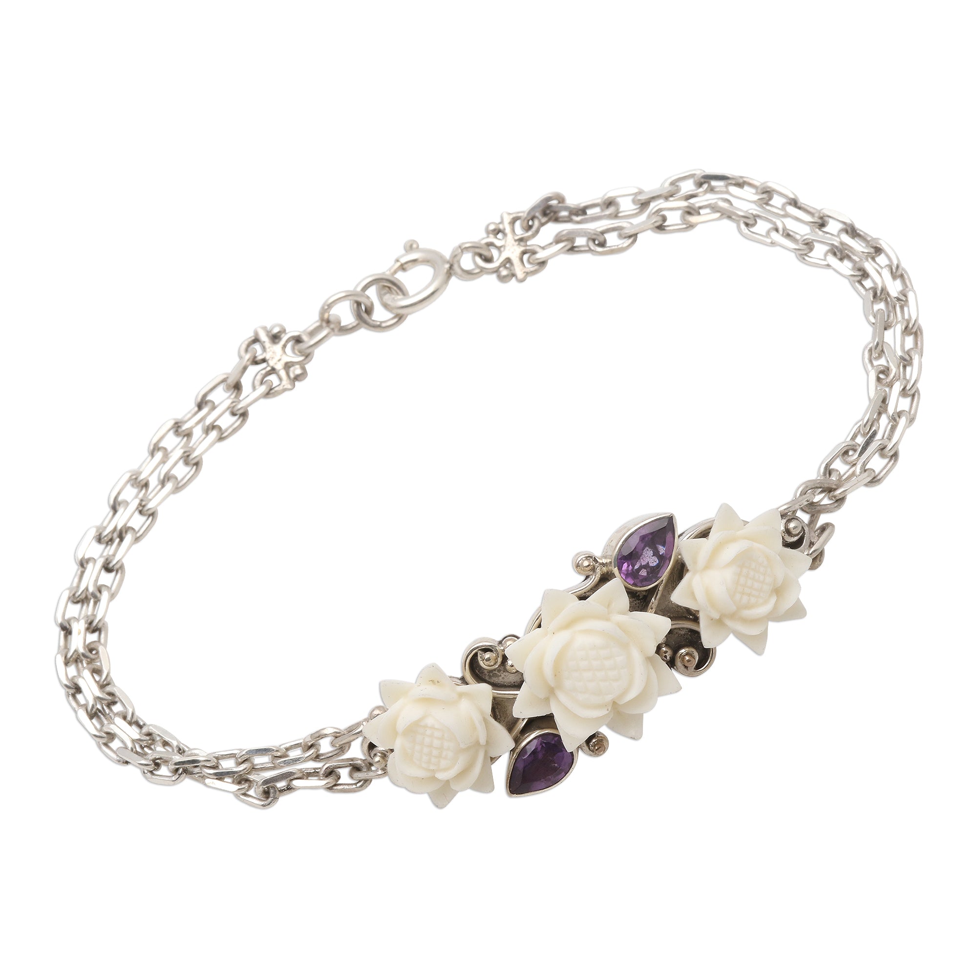 Premium Ivory Lotus Bracelet - Handcrafted Silver & Amethyst with Bone Flowers