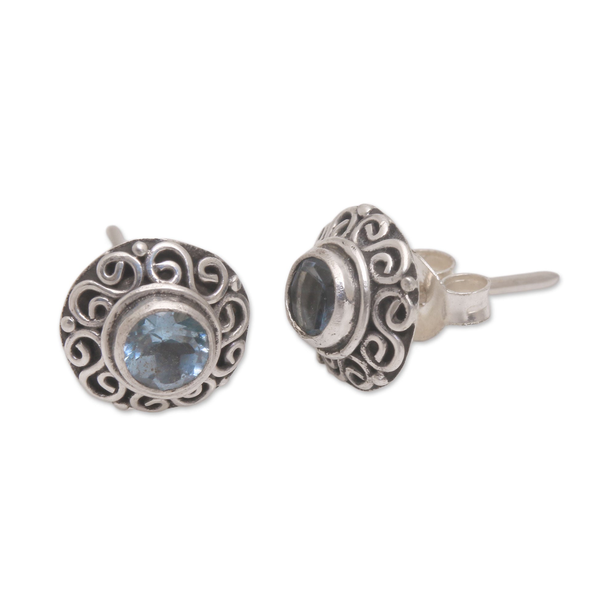 Premium Blue Topaz Sterling Silver Stud Earrings - Handmade in Bali