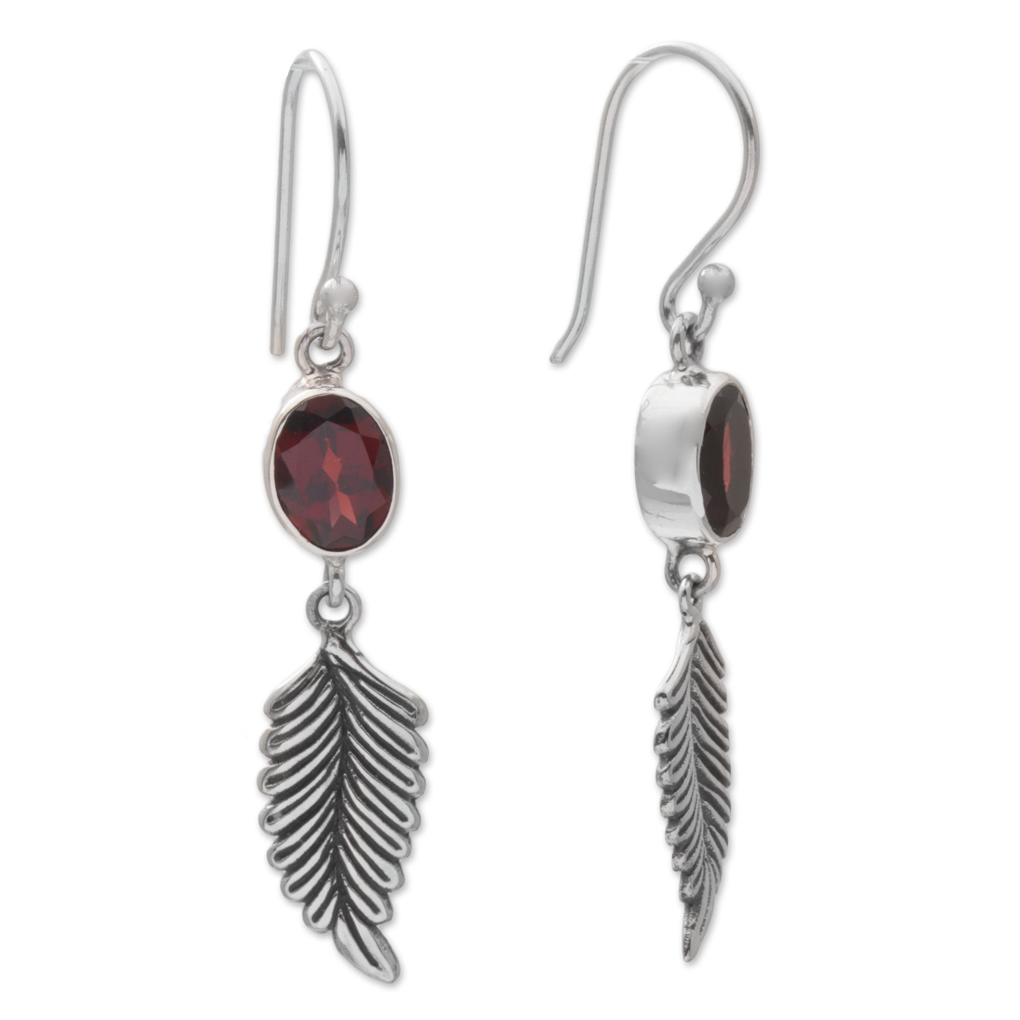 Premium Passionate Hope Balinese 925 Sterling Silver Feather Earrings with Garnet Gemstones