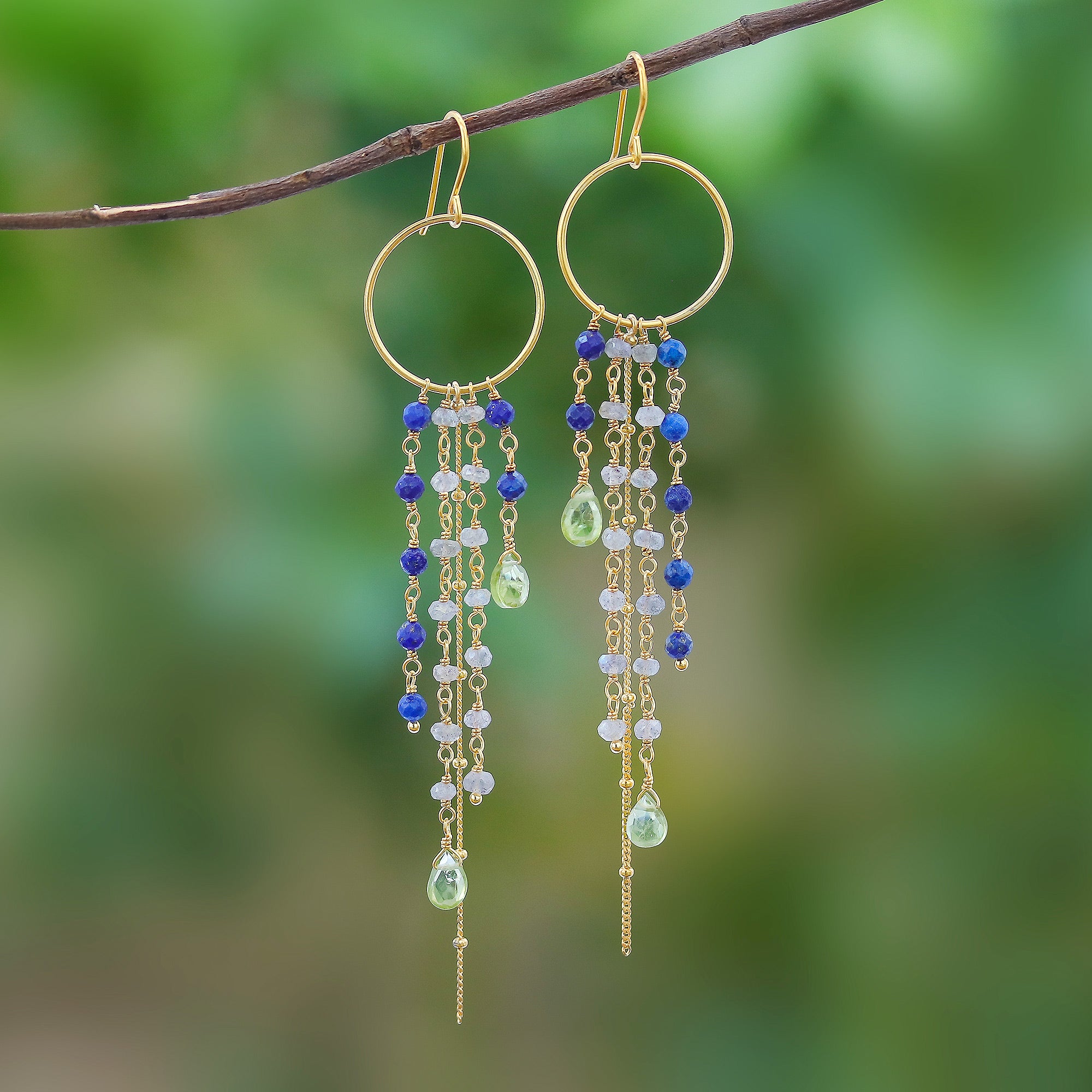 Premium 24K Gold Plated Multi-Gemstone Waterfall Earrings - Handcrafted in Thailand