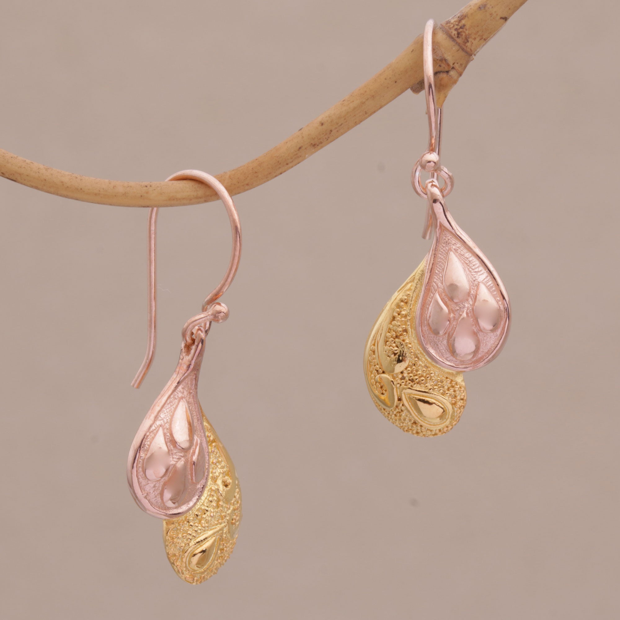 Premium Rosy Paisleys Rose Gold Plated Sterling Silver Dangle Earrings - Handcrafted in Bali