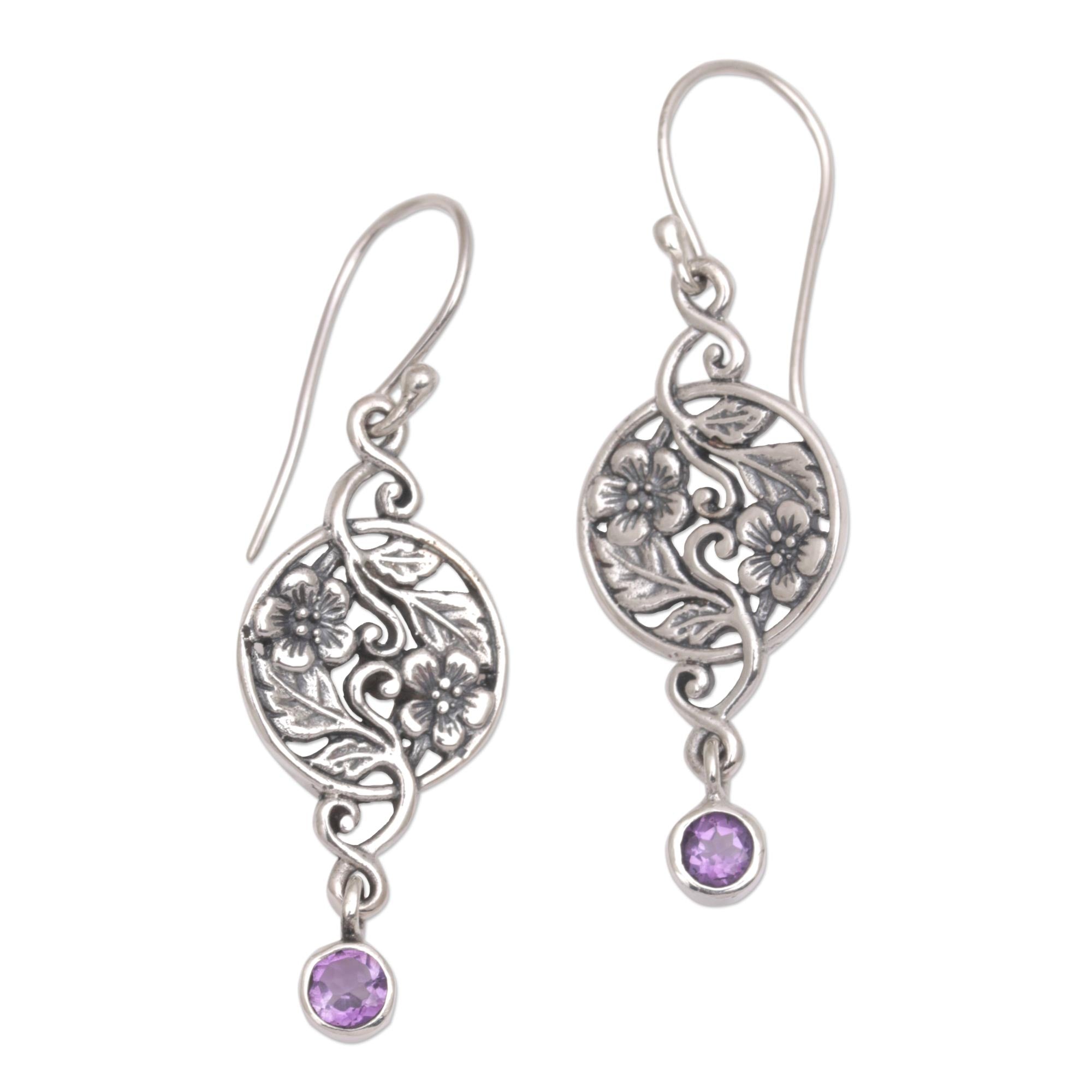 Premium Balinese Amethyst Floral Dangle Earrings in Sterling Silver