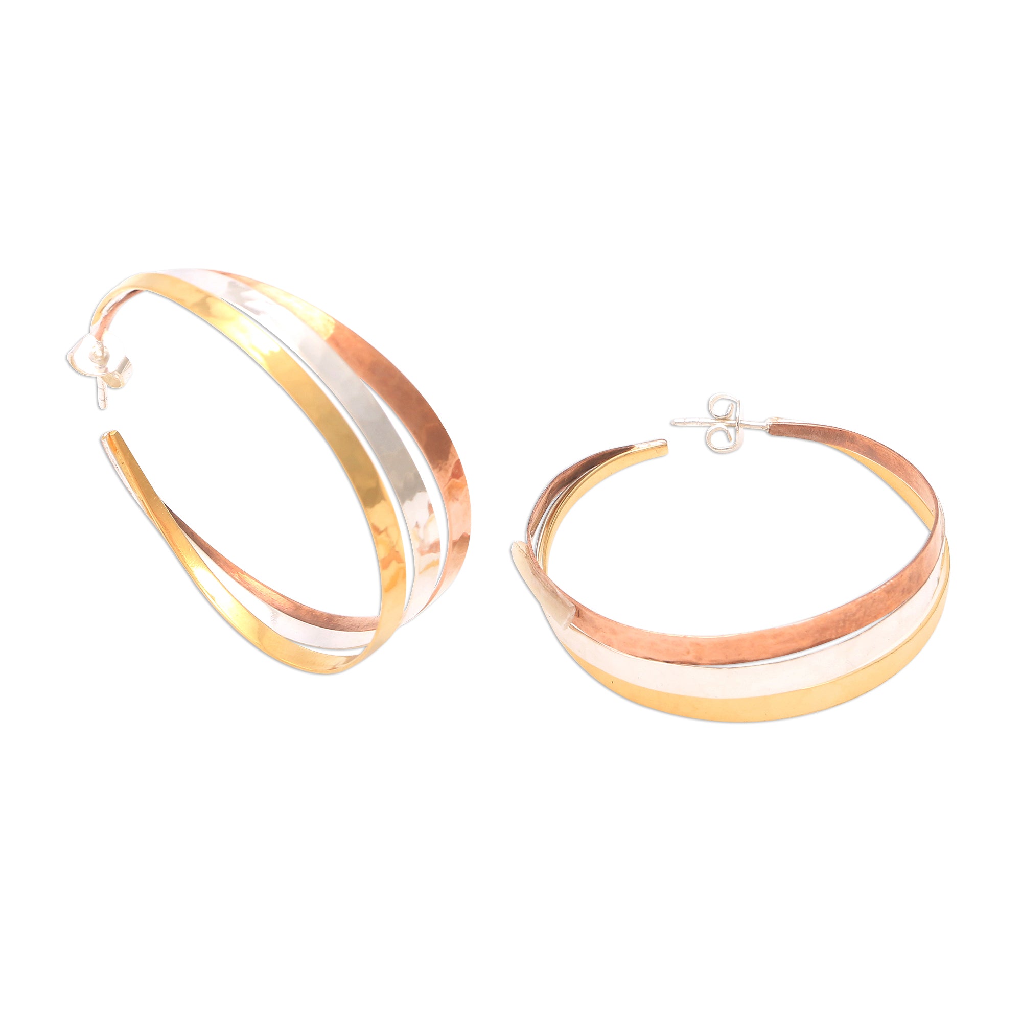 Premium Metallic Rainbow Gold Accent Sterling Silver Half-Hoop Earrings - Handcrafted in Bali