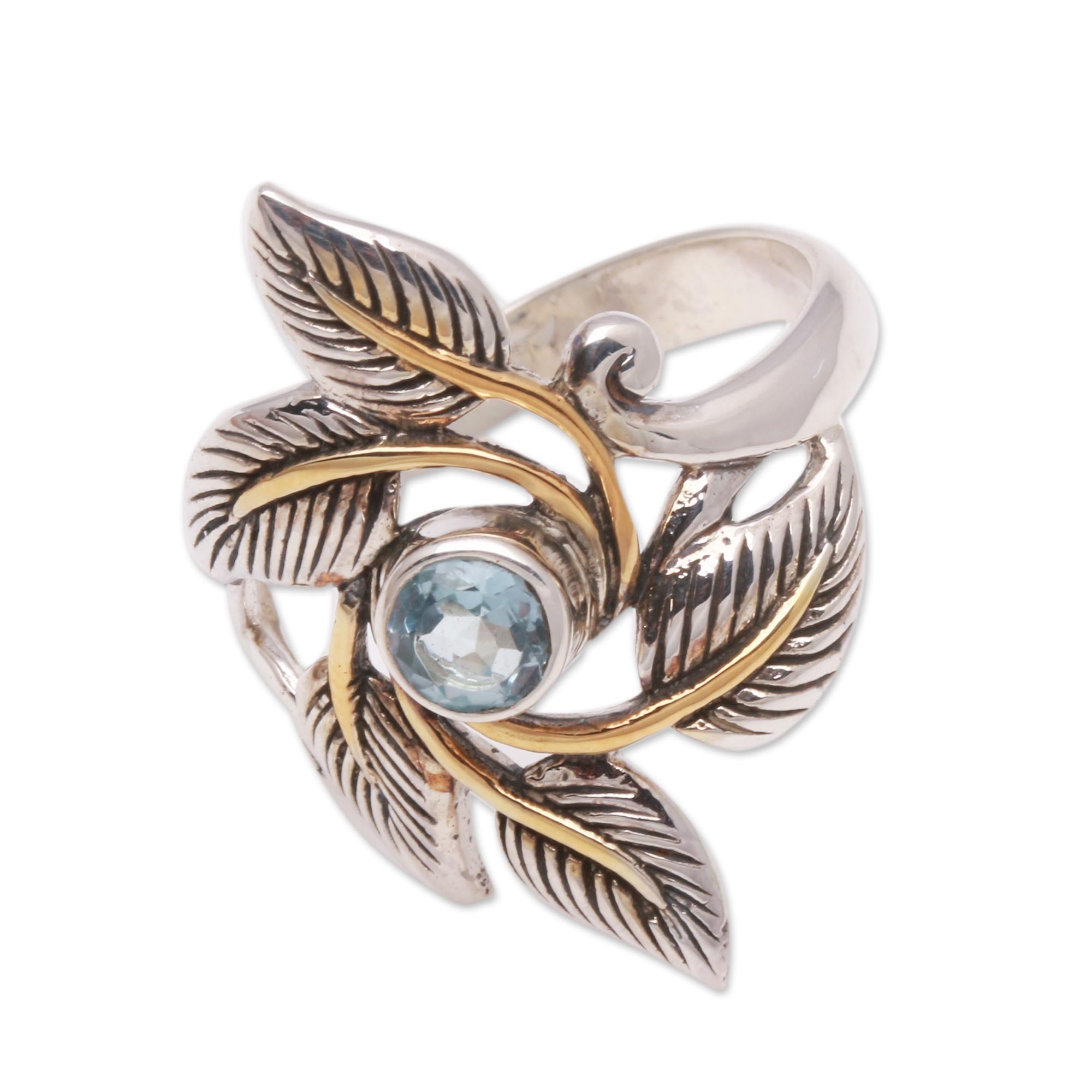 Premium Balinese Blue Topaz Cocktail Ring with Gold-Accented Leaves