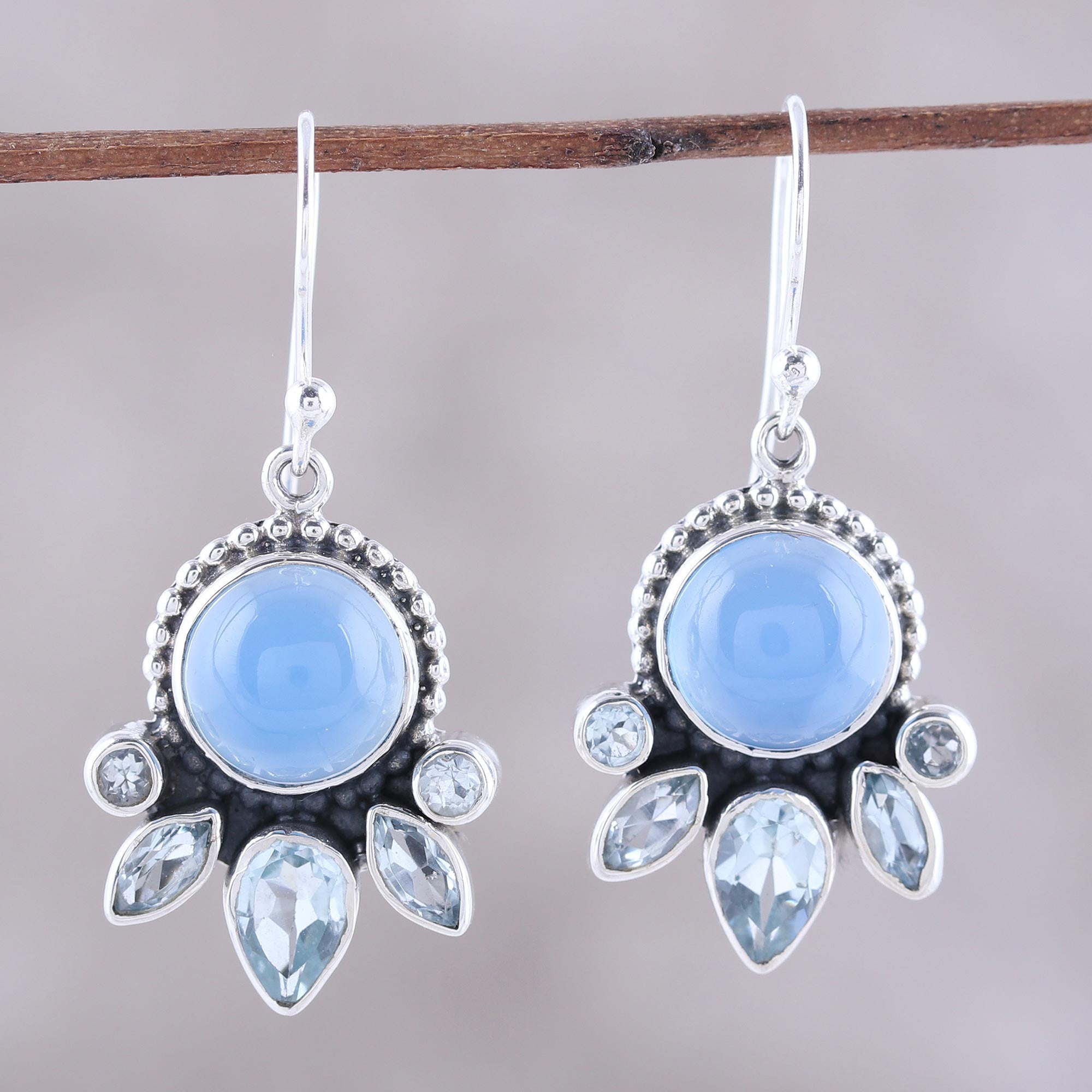 Premium Sky Shimmer Earrings - Chalcedony & Blue Topaz Sterling Silver Dangle