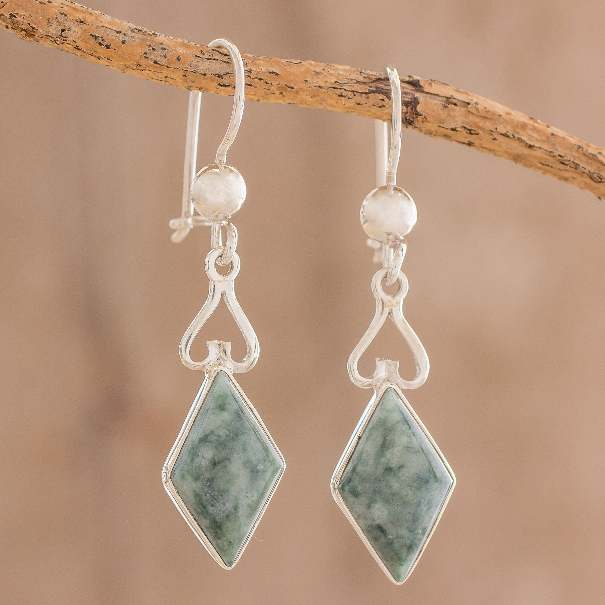 Premium Green Jade Diamond Dangle Earrings – Handcrafted in Guatemala