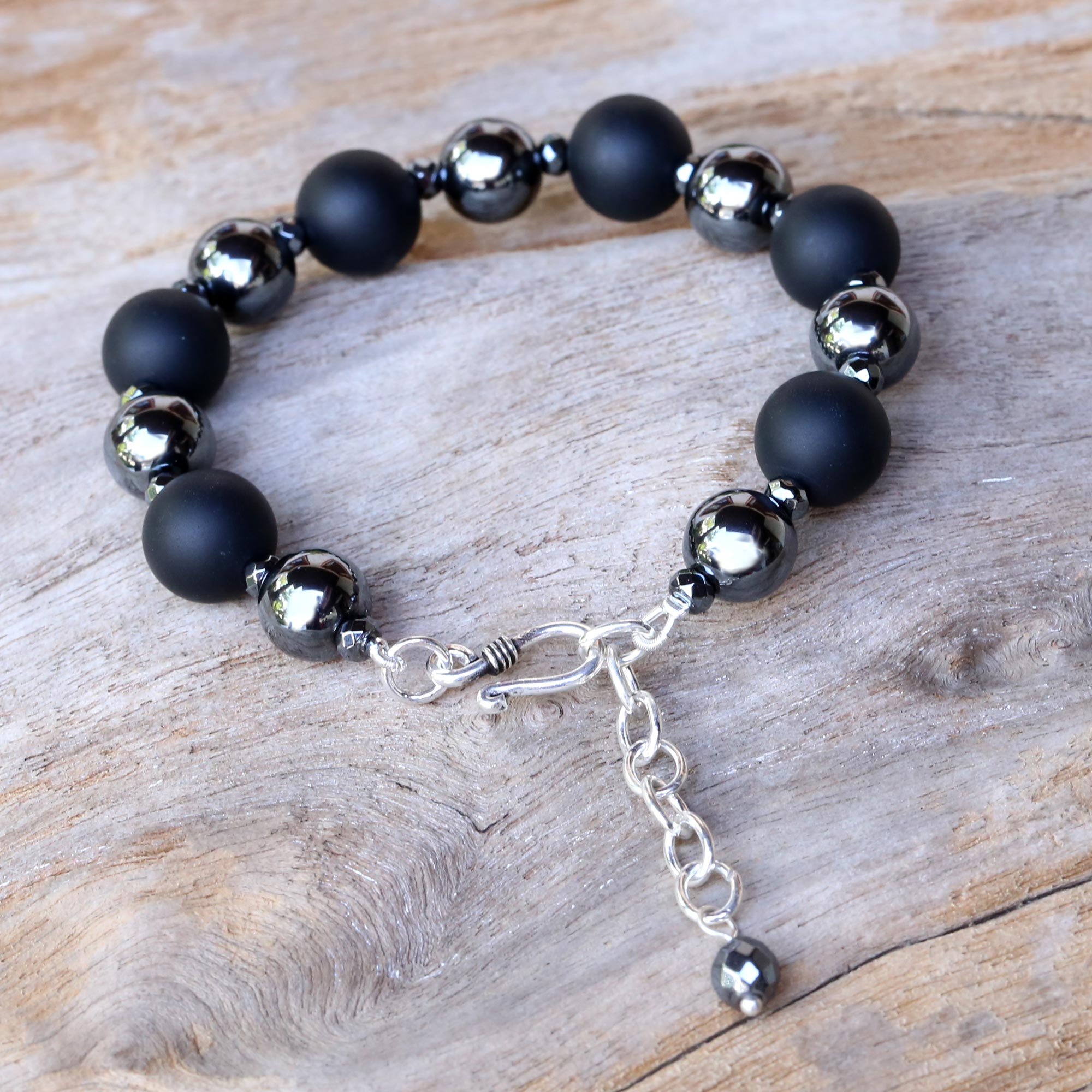 Premium Dark Cosmos Onyx & Hematite Bracelet – Handcrafted by Thai Artisans