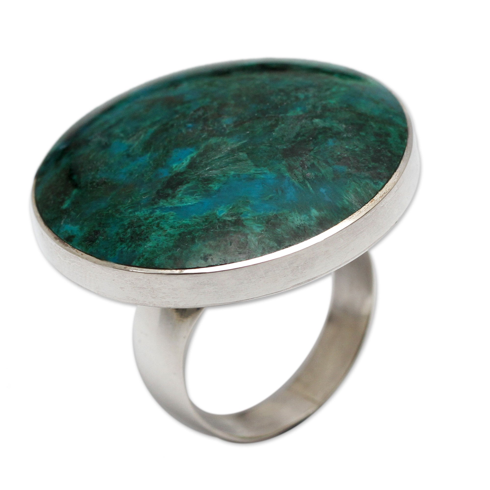 Premium Chrysocolla & Sterling Silver Meditation Ring - Handcrafted in Peru