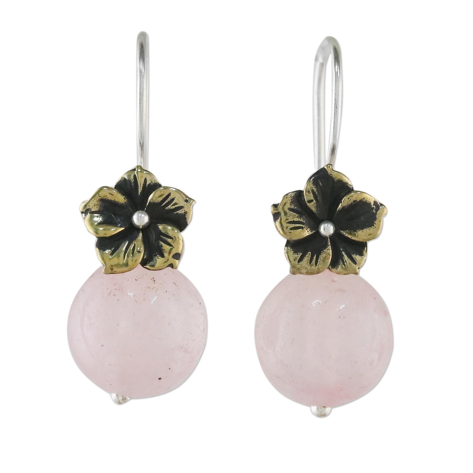 Premium Lunar Florescence Rose Quartz Dangle Earrings with Brass Flower