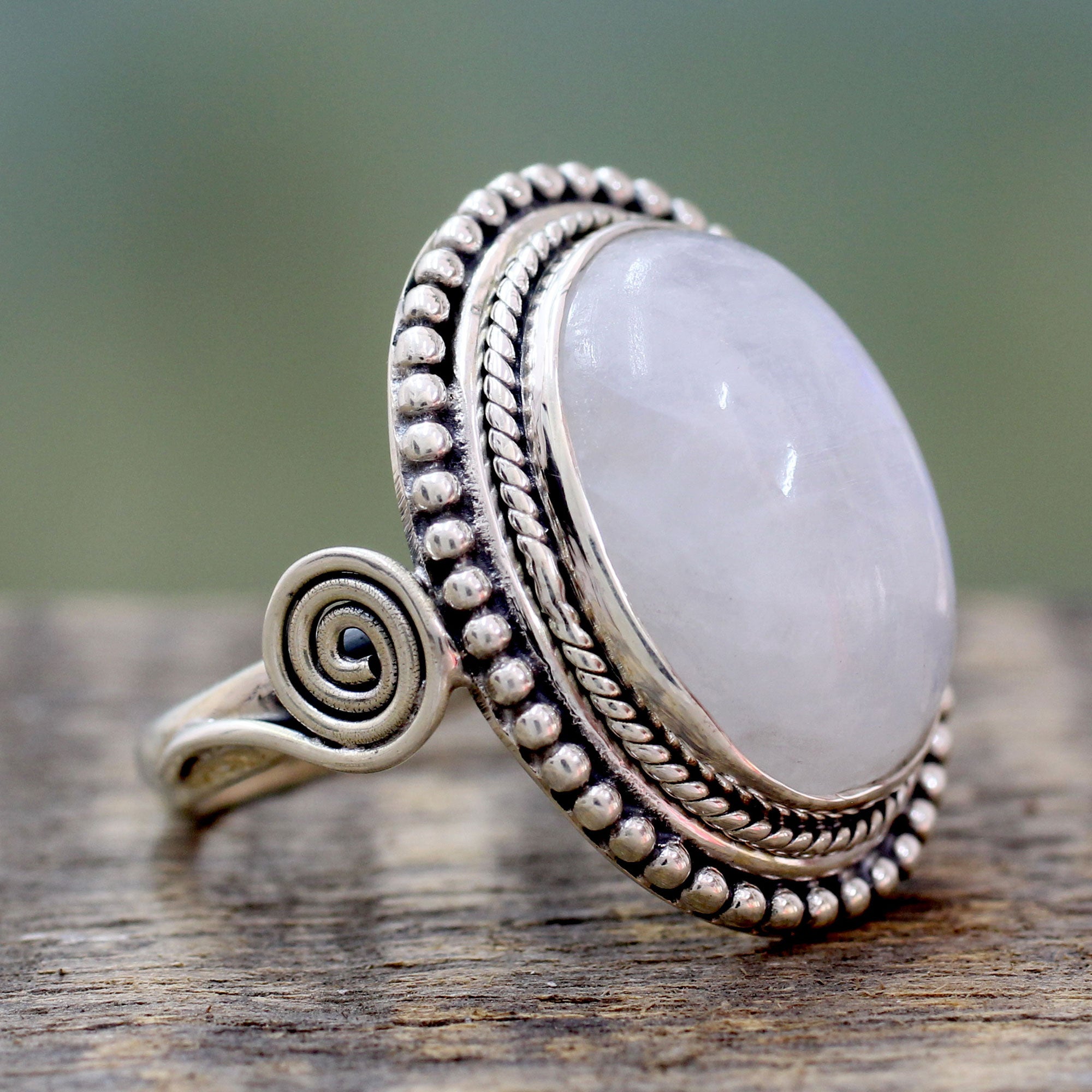 Premium Rainbow Glow Sterling Silver Cocktail Ring with Rainbow Moonstone