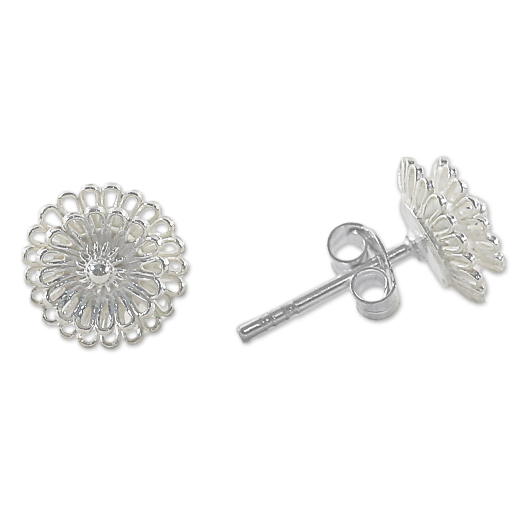 Premium Zinnia Flower Sterling Silver Stud Earrings - Handcrafted Elegance