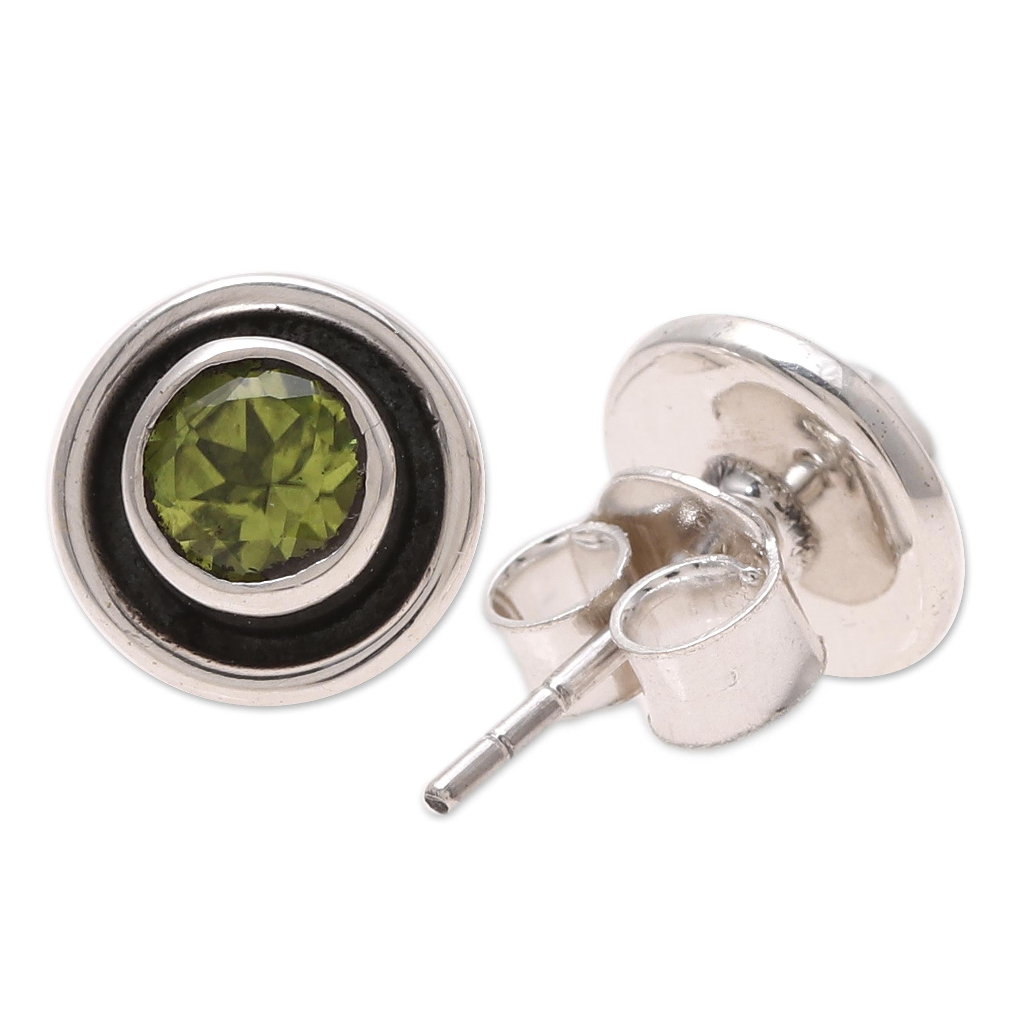 Premium Circular Peridot Stud Earrings - Handcrafted Sterling Silver Jewelry from India