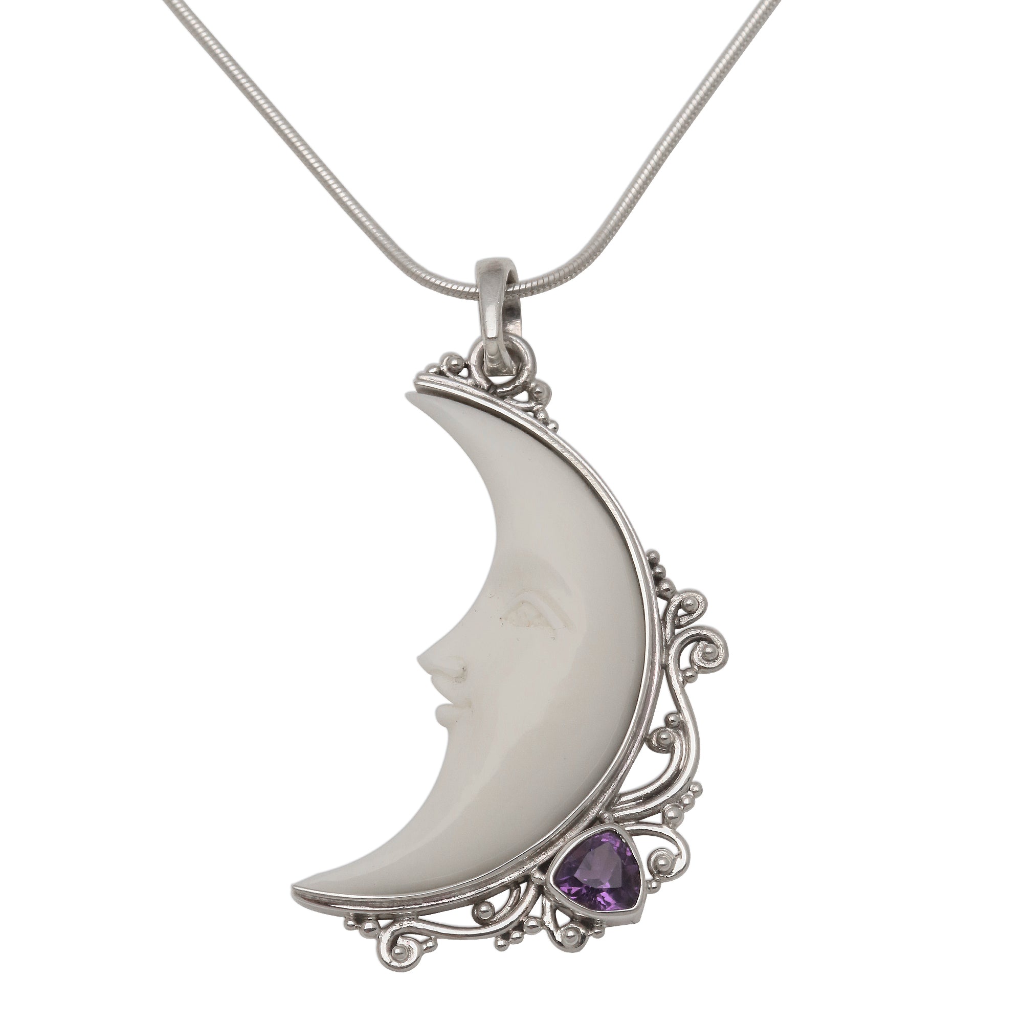 Premium Lunar Amethyst & Bone Crescent Moon Pendant Necklace - Handcrafted in Bali