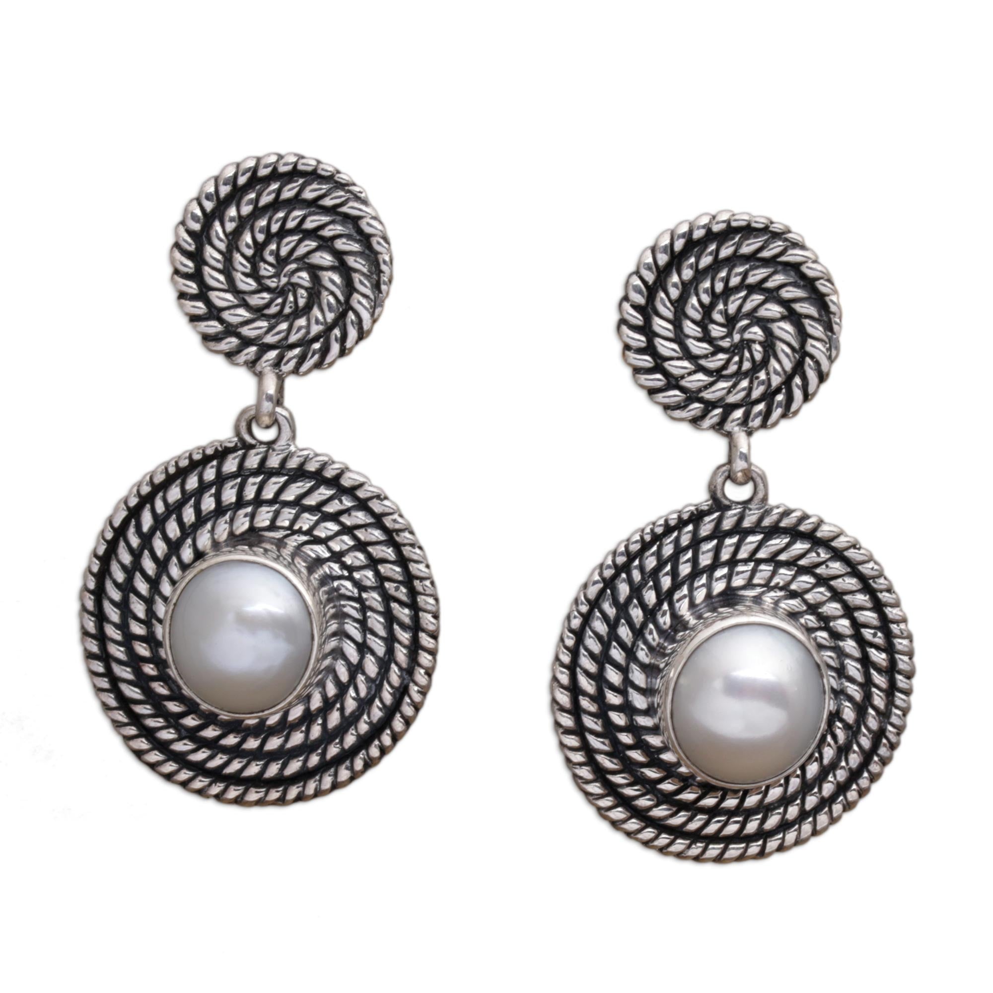 Premium Moonlight Spirals Dangle Earrings - Handcrafted Sterling Silver with Cultured Pearls