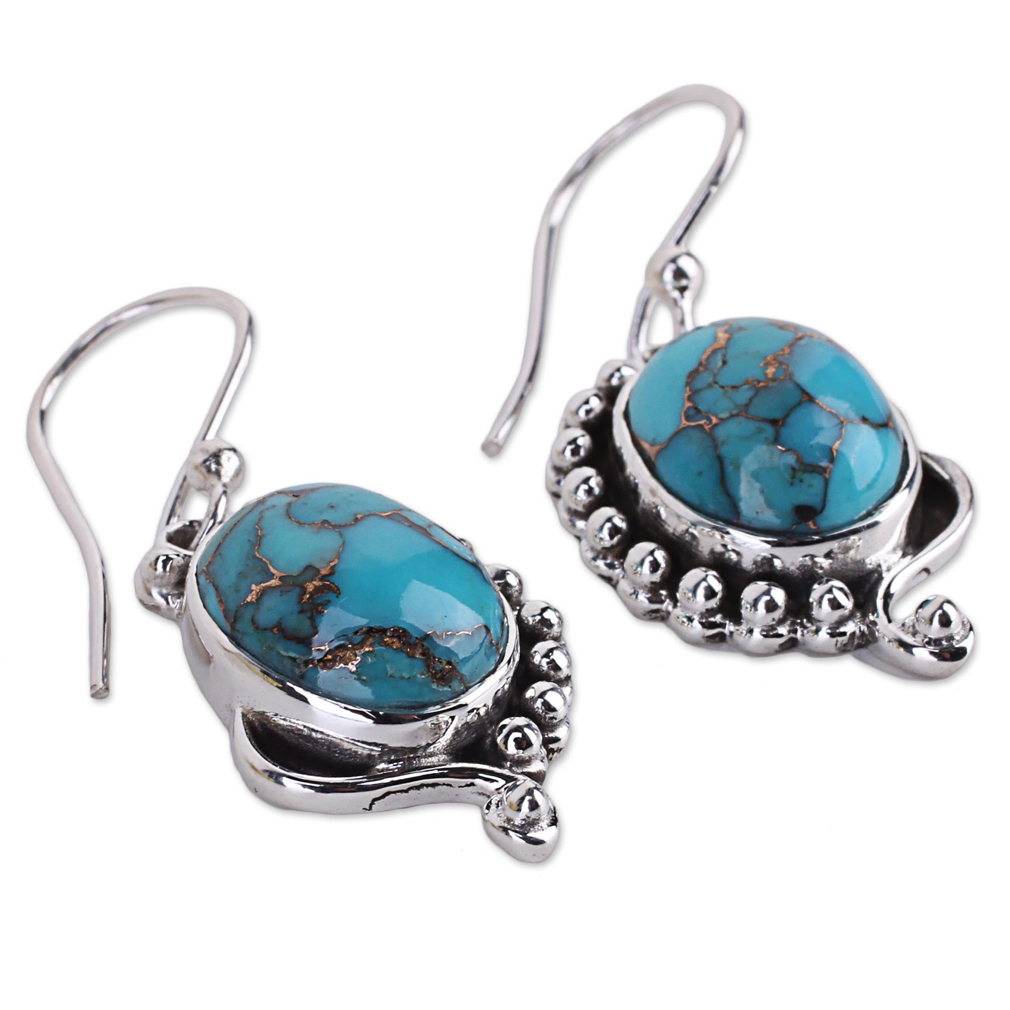 Premium Handcrafted Blue Paisley Sterling Silver Earrings with Composite Turquoise