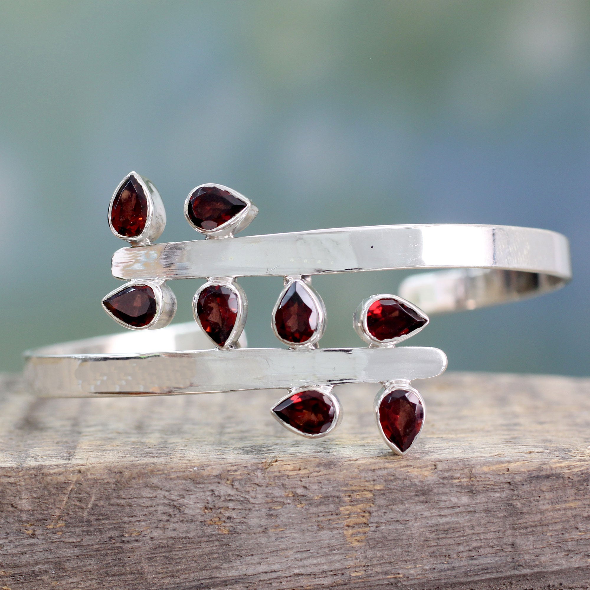 Premium Red Forest Fern Garnet & Silver Cuff Bracelet - Handmade Elegance