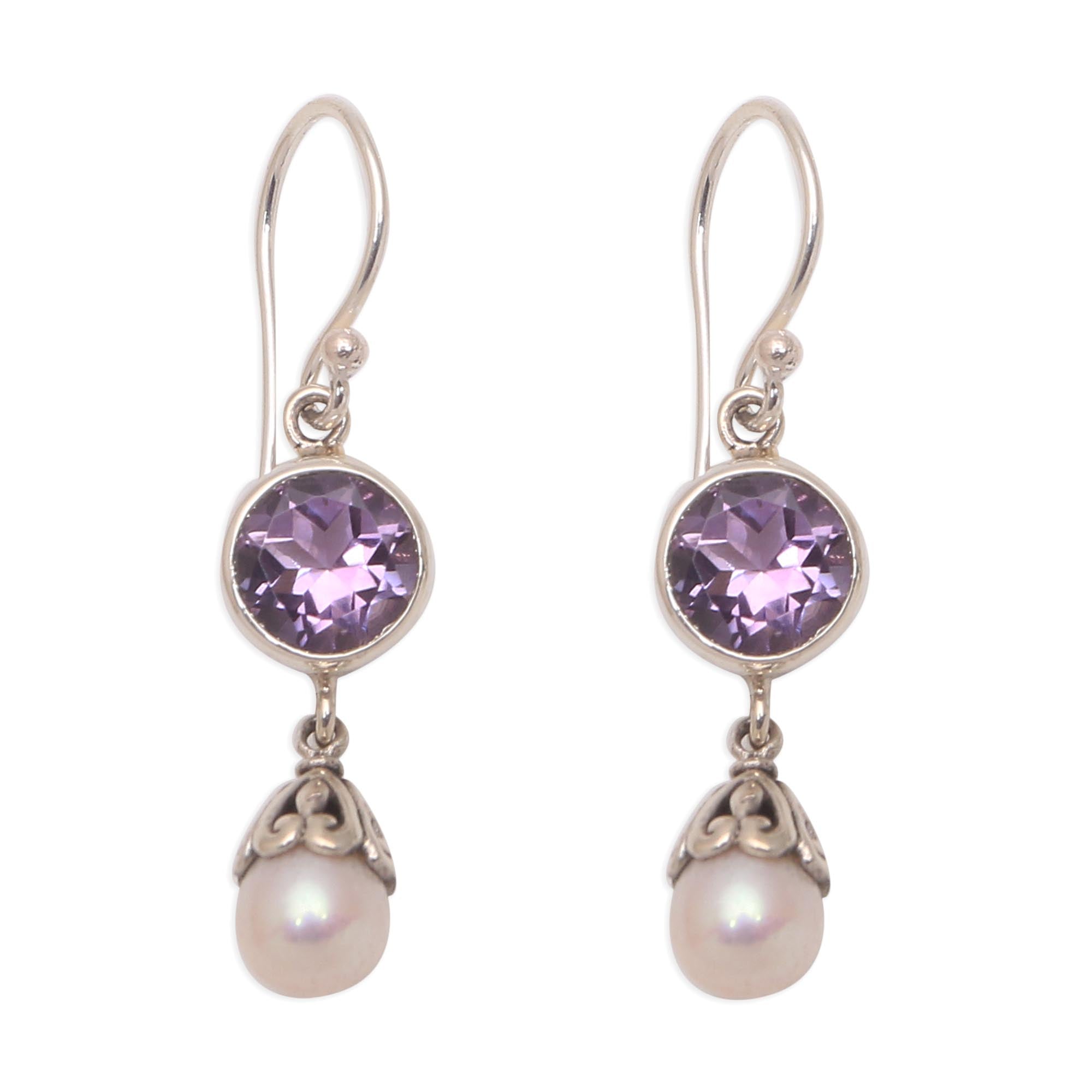 Premium Amethyst & Cultured Pearl Dangle Earrings – Handcrafted in Bali