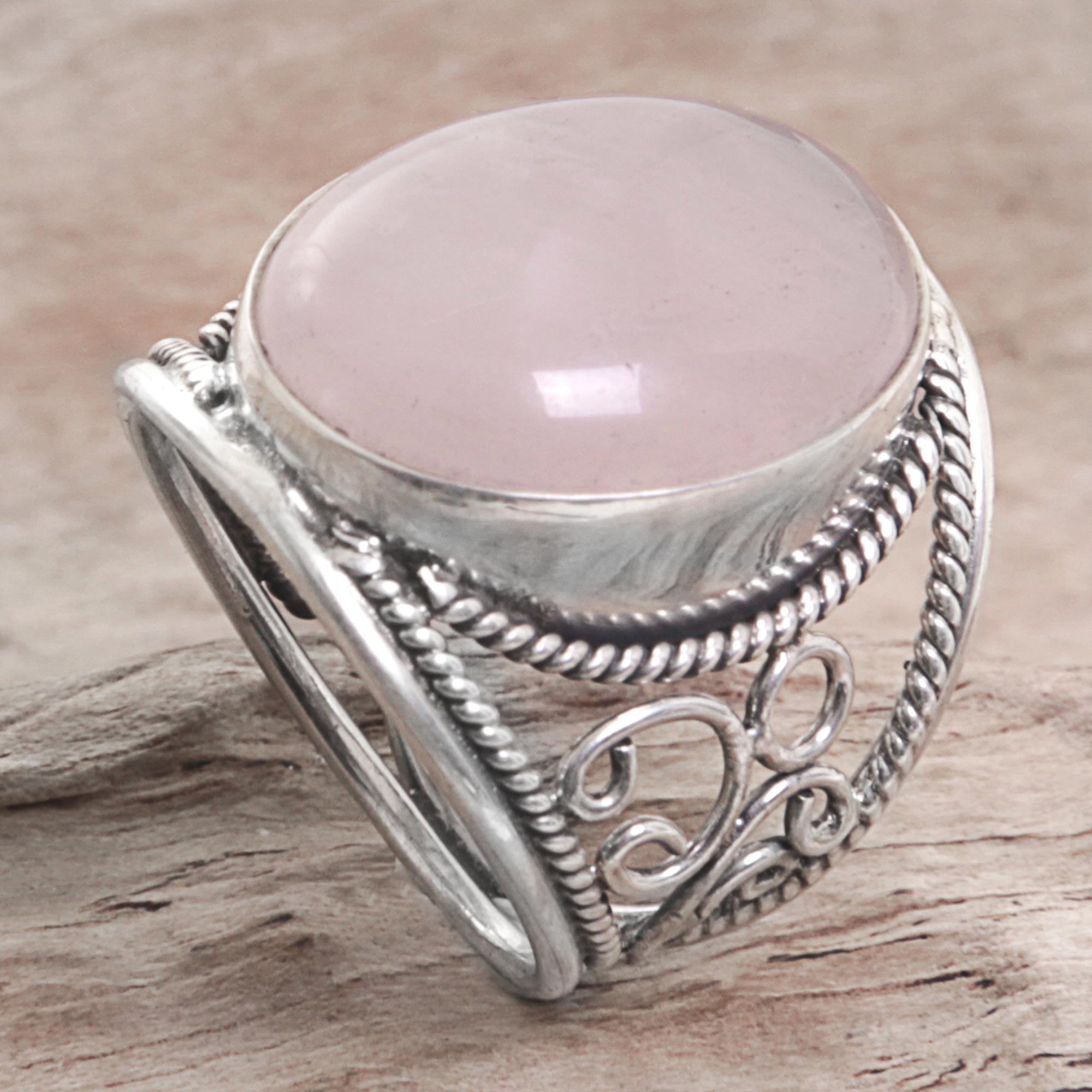 Premium Pink Moon Rose Quartz Sterling Silver Ring – Handcrafted in Indonesia