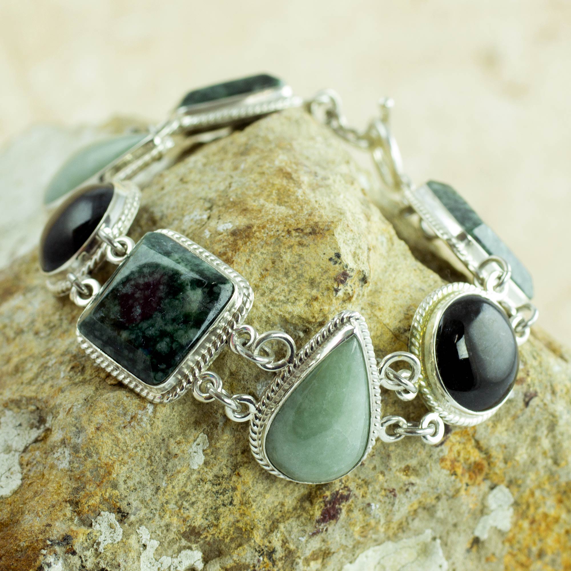 Premium Natural Geometry Jade Bracelet in Sterling Silver - Elegant Green & Black Design