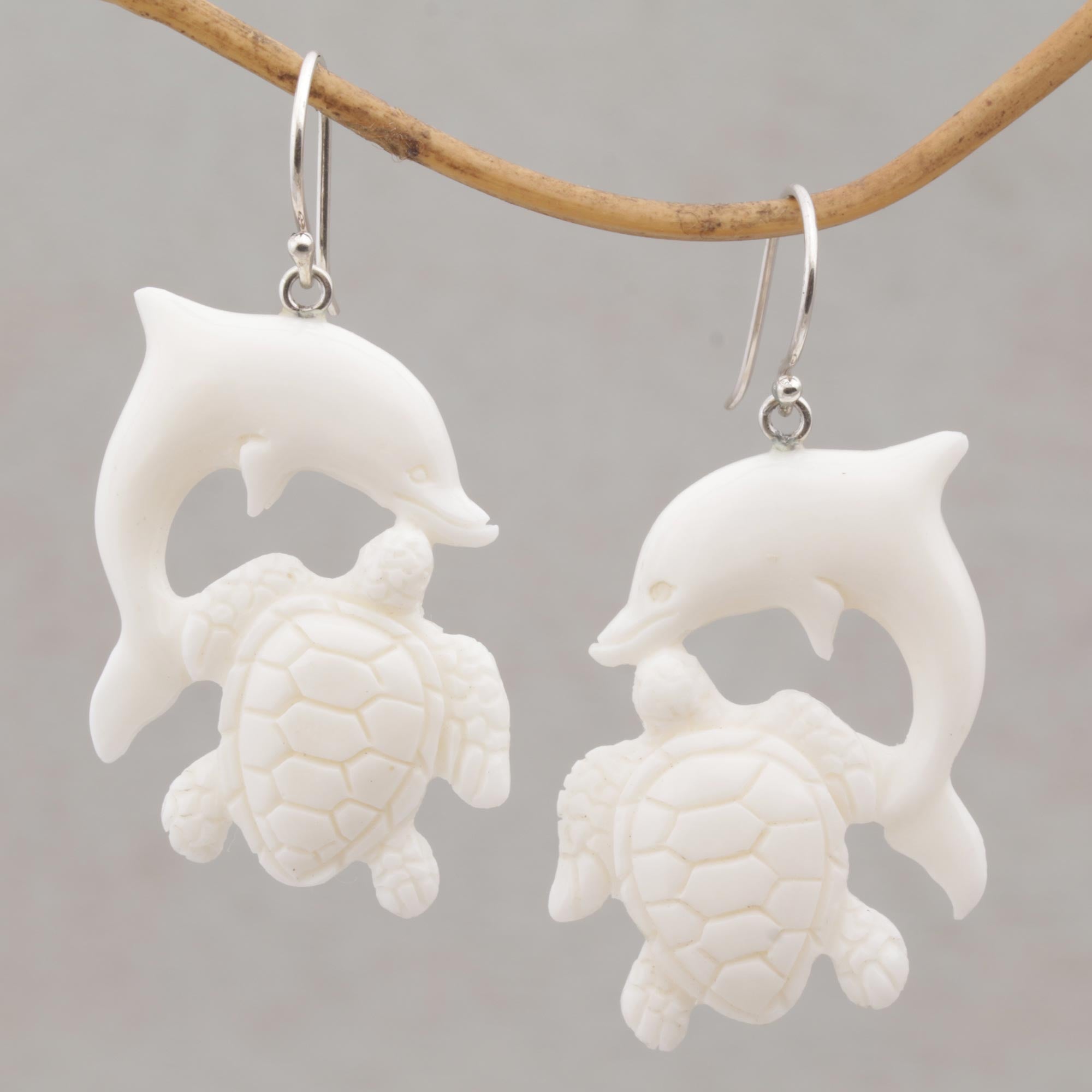 Premium Oceanic Elegance: Dolphin & Tortoise Bone Dangle Earrings