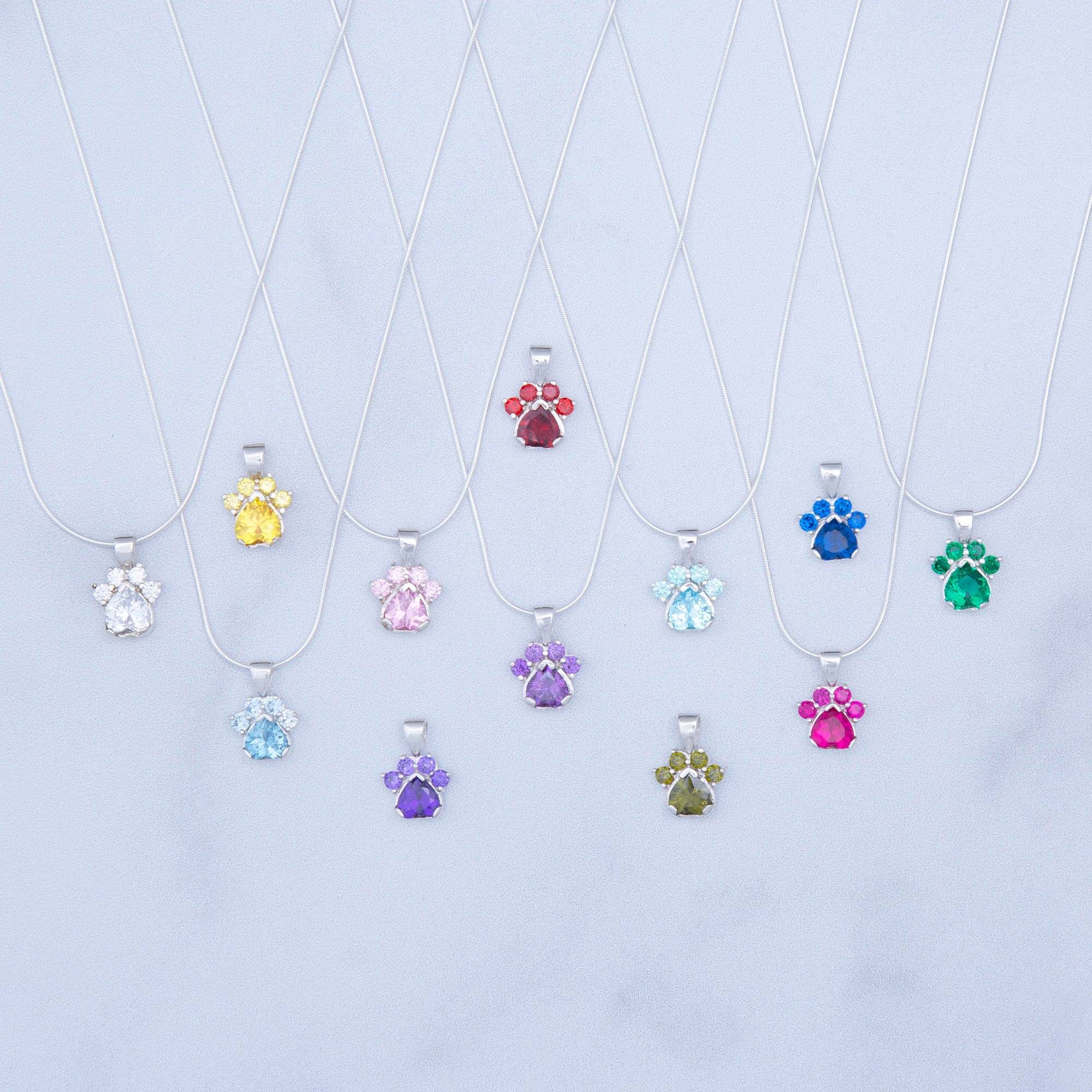 Premium Paw Print Birthstone Necklace - Handmade Sterling Silver