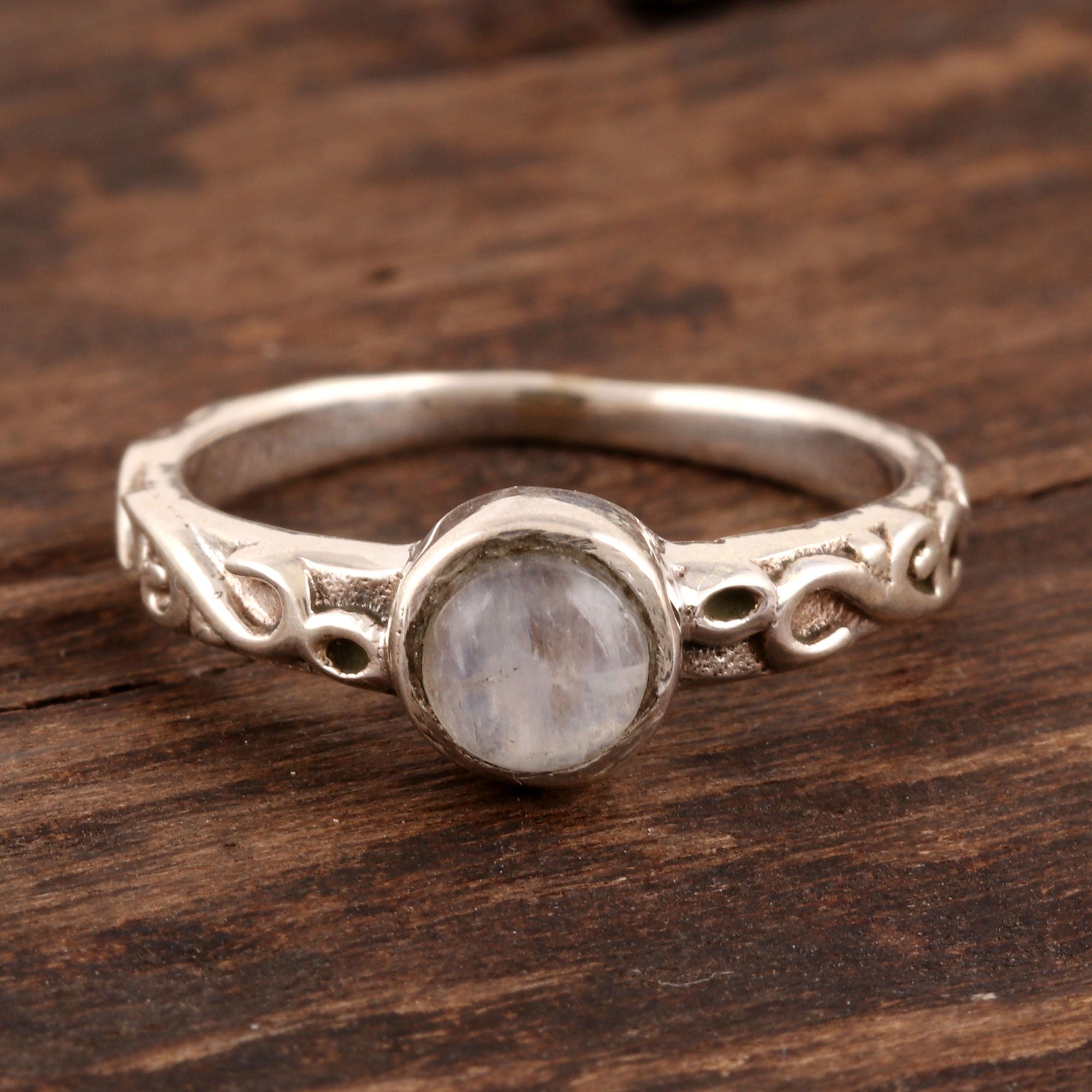 Premium Misty Globe Rainbow Moonstone Solitaire Ring – Handcrafted in India