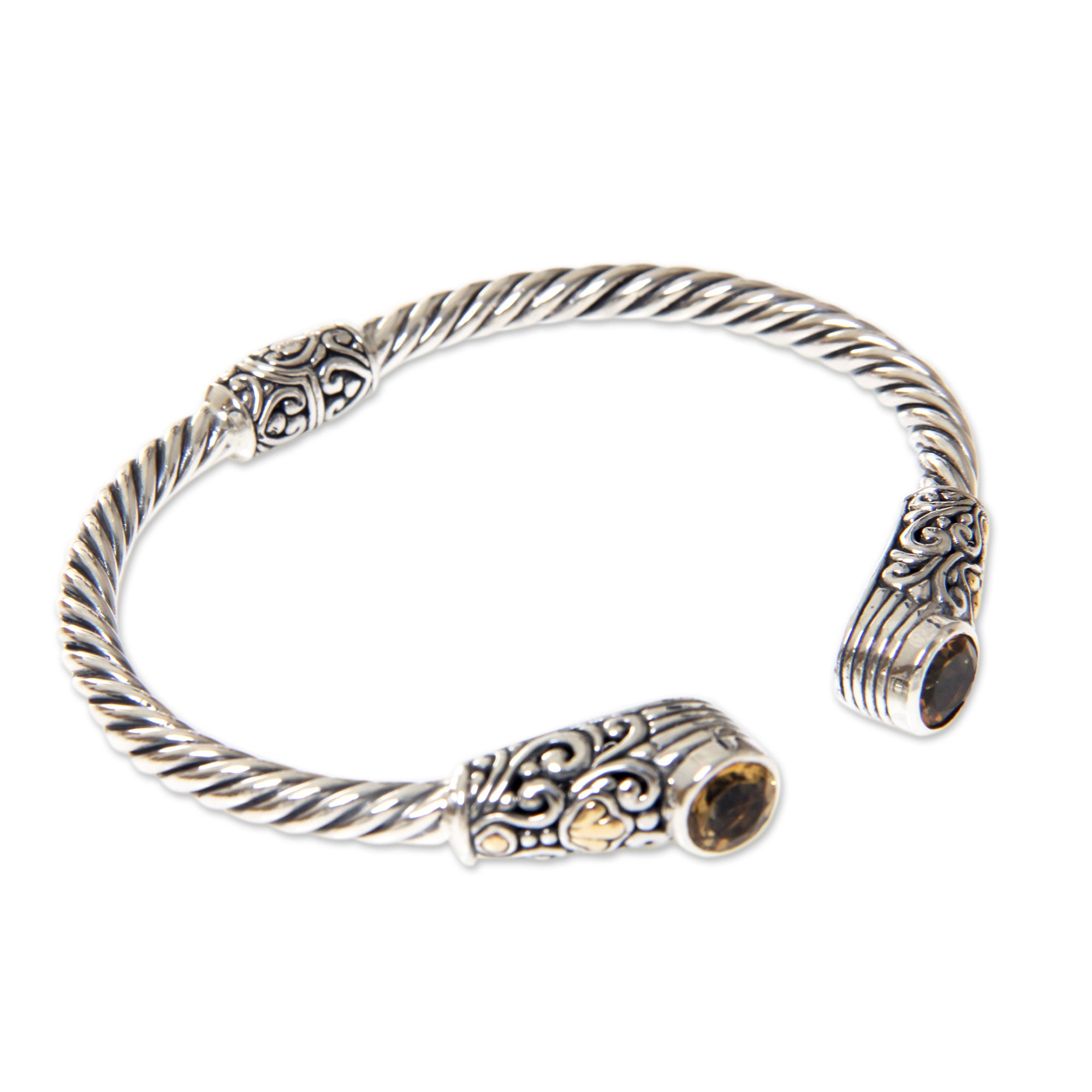 Premium Sukawati Sterling Silver Hinged Cuff Bracelet with Citrine & 18K Gold Accents