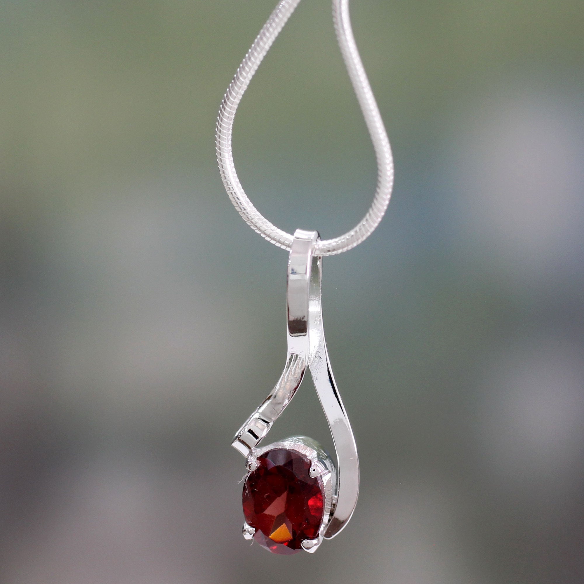 Premium Love in a Ribbon Garnet Necklace - Sterling Silver