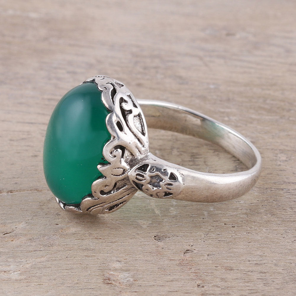 Premium Green Oval Onyx Cocktail Ring - Handcrafted Sterling Silver Jewelry