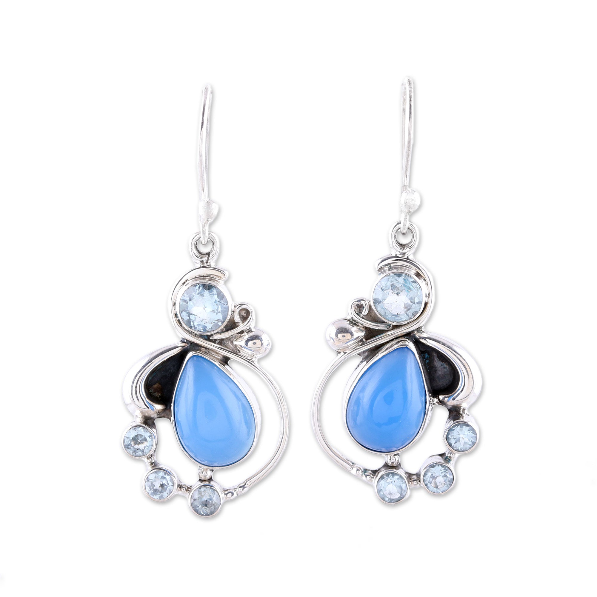 Premium Elegant Dew Blue Topaz & Chalcedony Dangle Earrings - Handcrafted in India