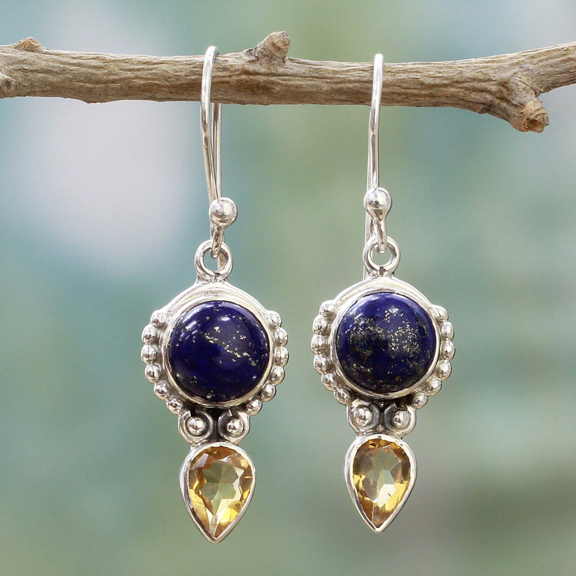 Premium Indian Dew Citrine & Lapis Lazuli Dangle Earrings - Handcrafted Sterling Silver