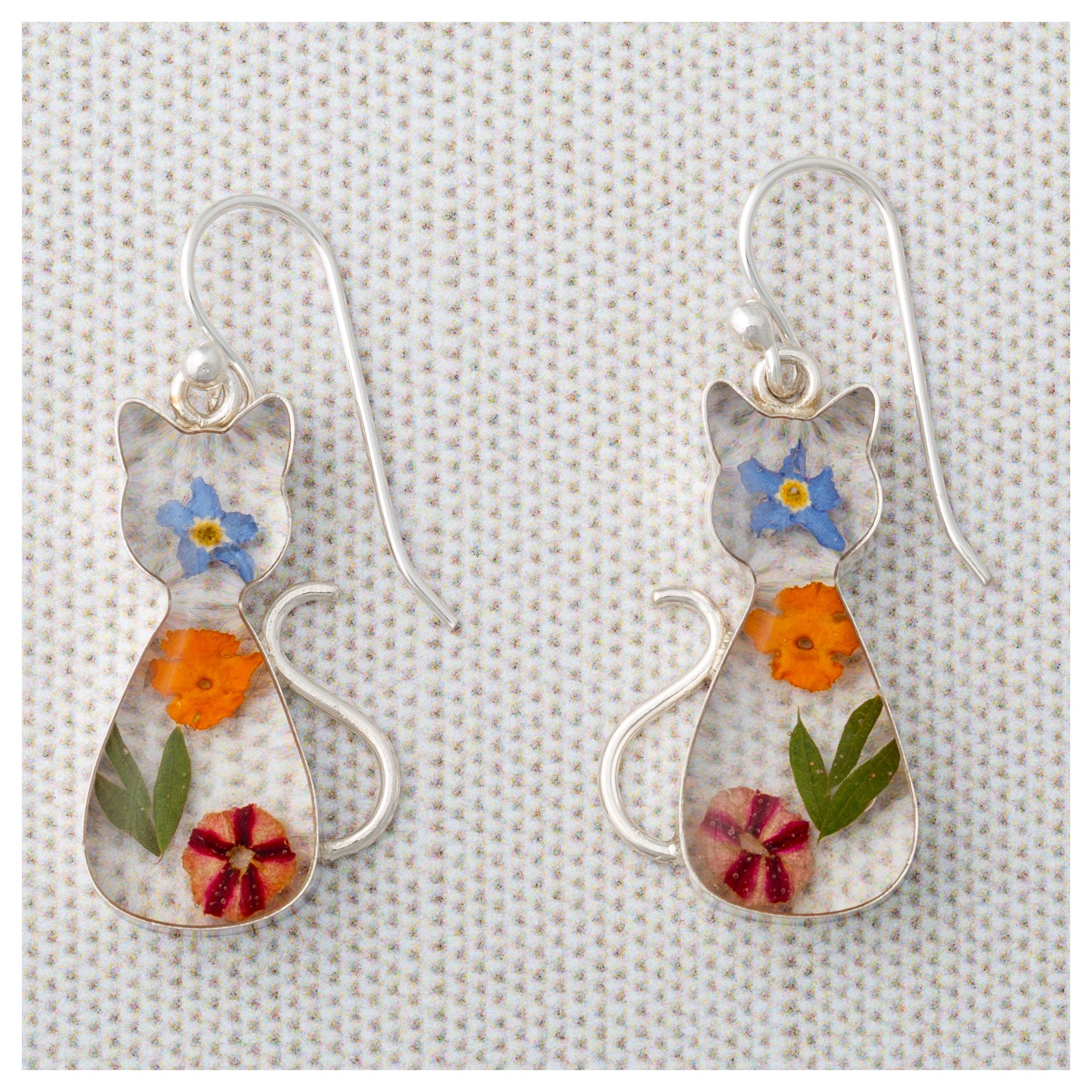 Premium Sterling Silver Cat Earrings with Real Flowers