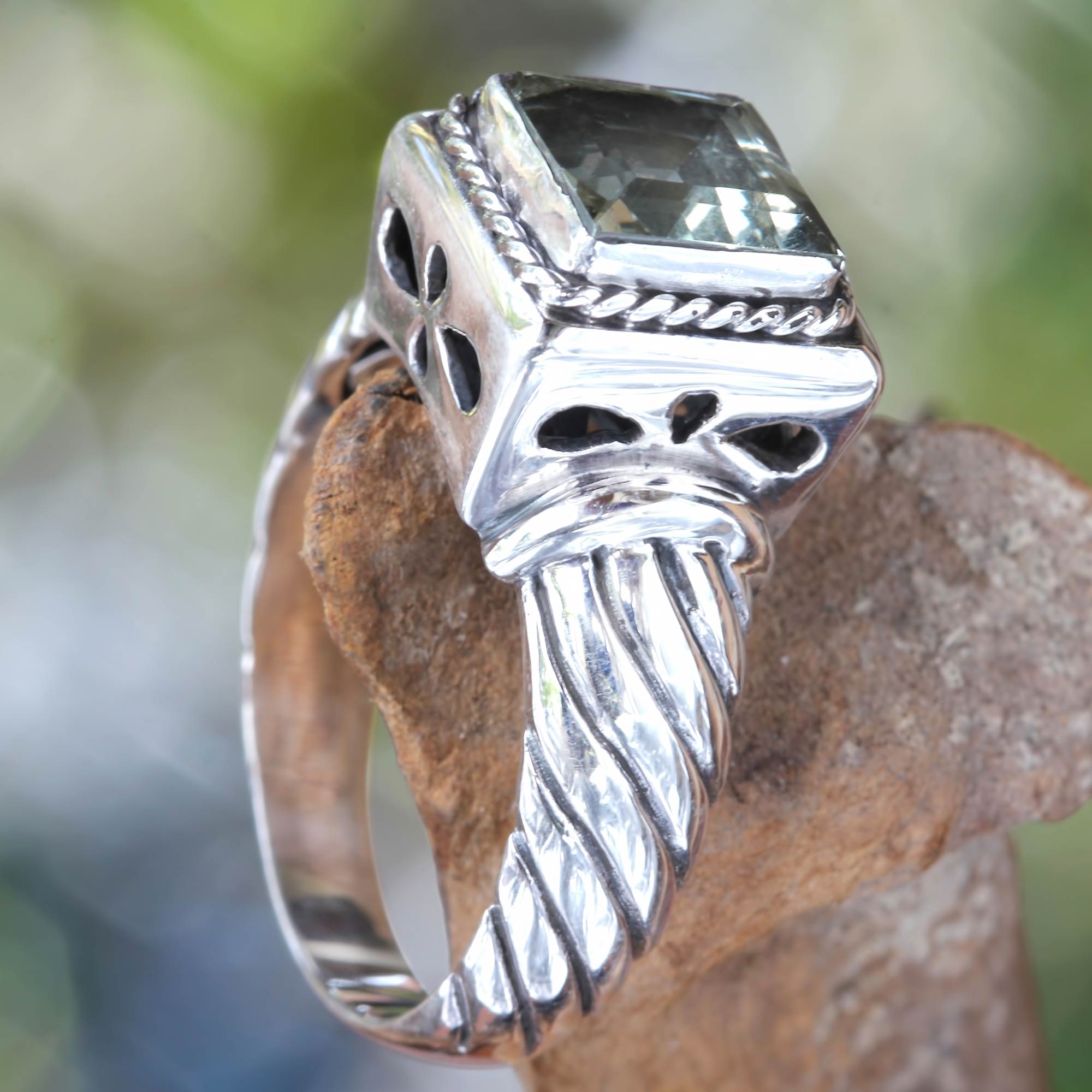 Premium Valiance Men's Prasiolite Sterling Silver Ring - Handcrafted in Bali