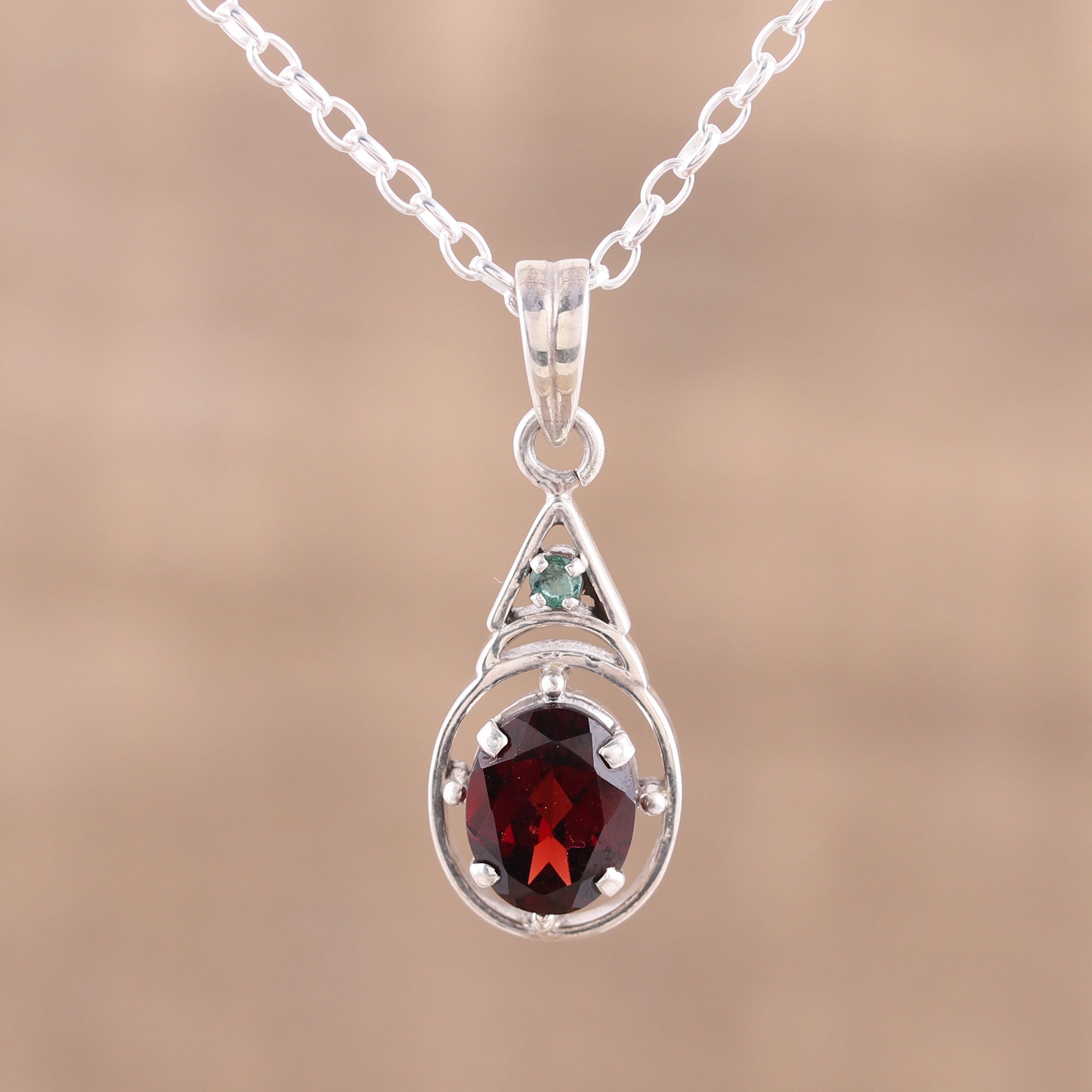 Premium Scarlet Joy Garnet & Emerald Pendant Necklace - Handcrafted in India