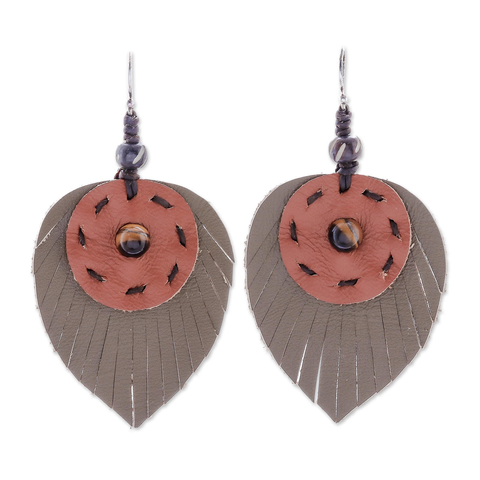 Premium Aurora Leaves Handcrafted Tiger's Eye & Leather Dangle Earrings