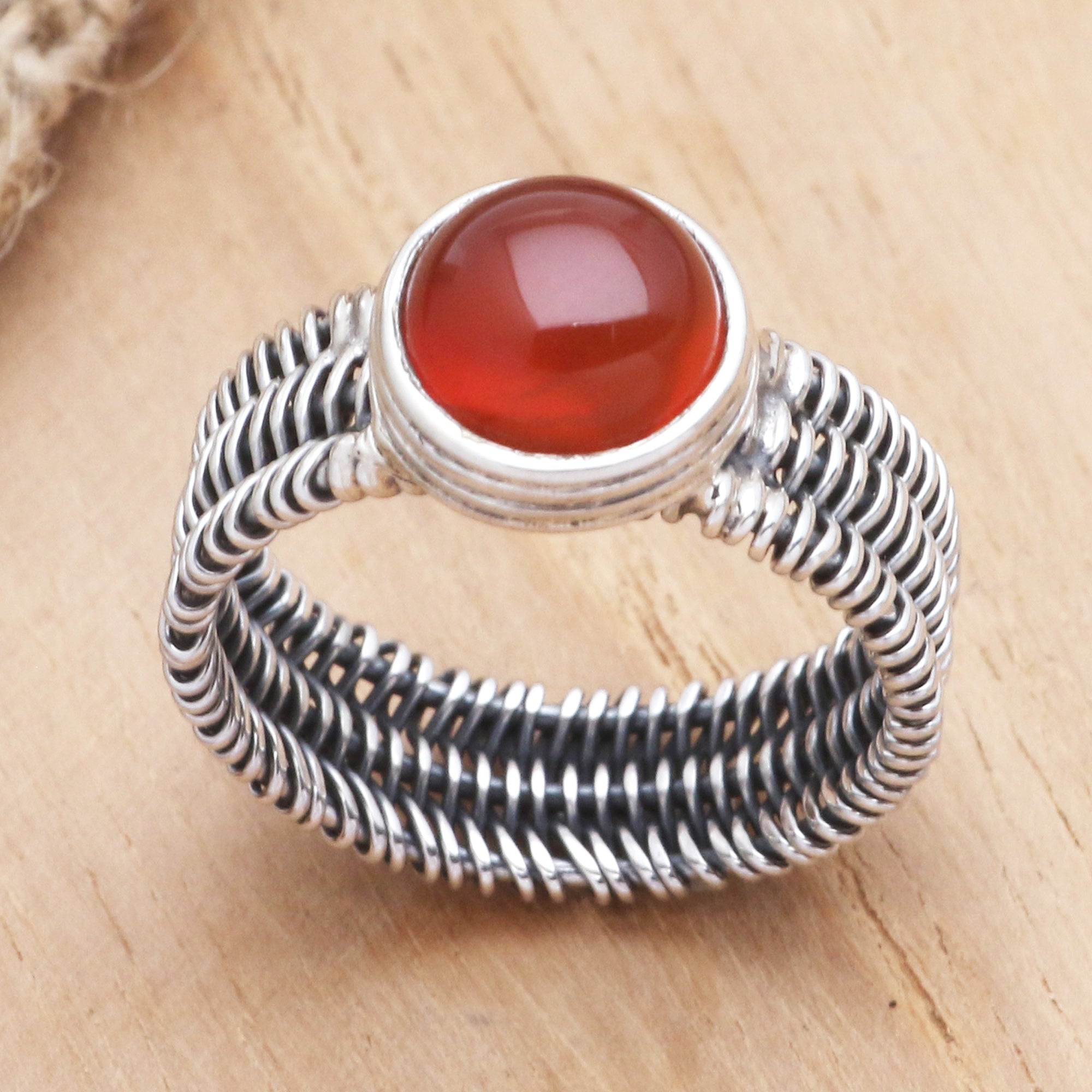 Premium Sterling Silver Carnelian Wire-Wrapped Ring - Handcrafted Elegance