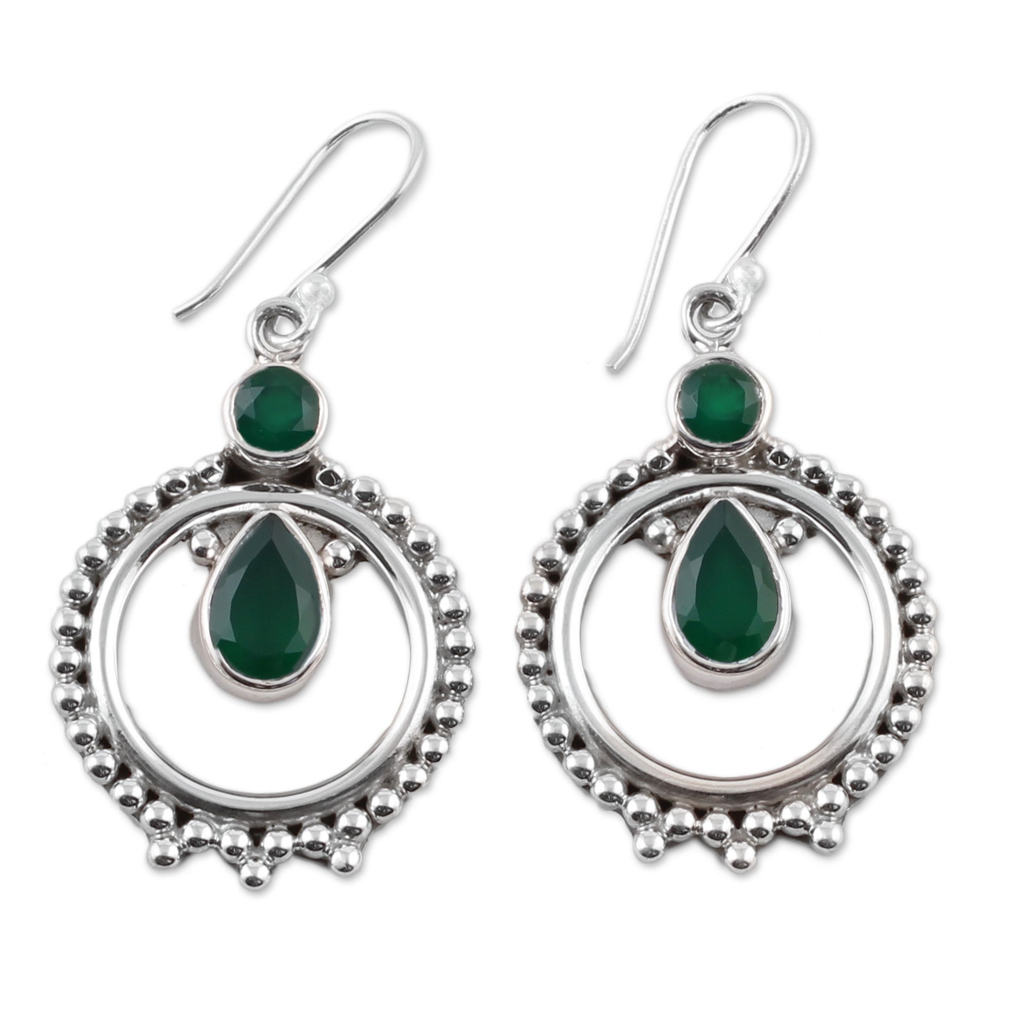 Premium Regal Circles Green Onyx Sterling Silver Dangle Earrings - Handcrafted in India