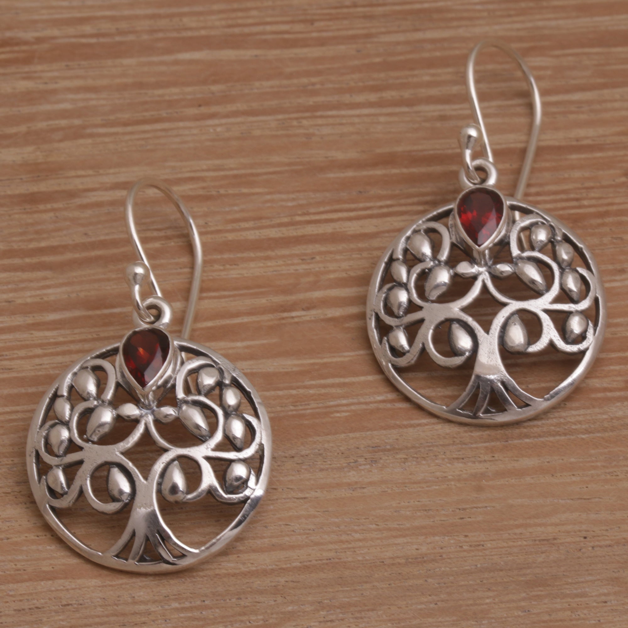 Premium Balinese Garnet & Sterling Silver Tree Dangle Earrings - Handcrafted Elegance