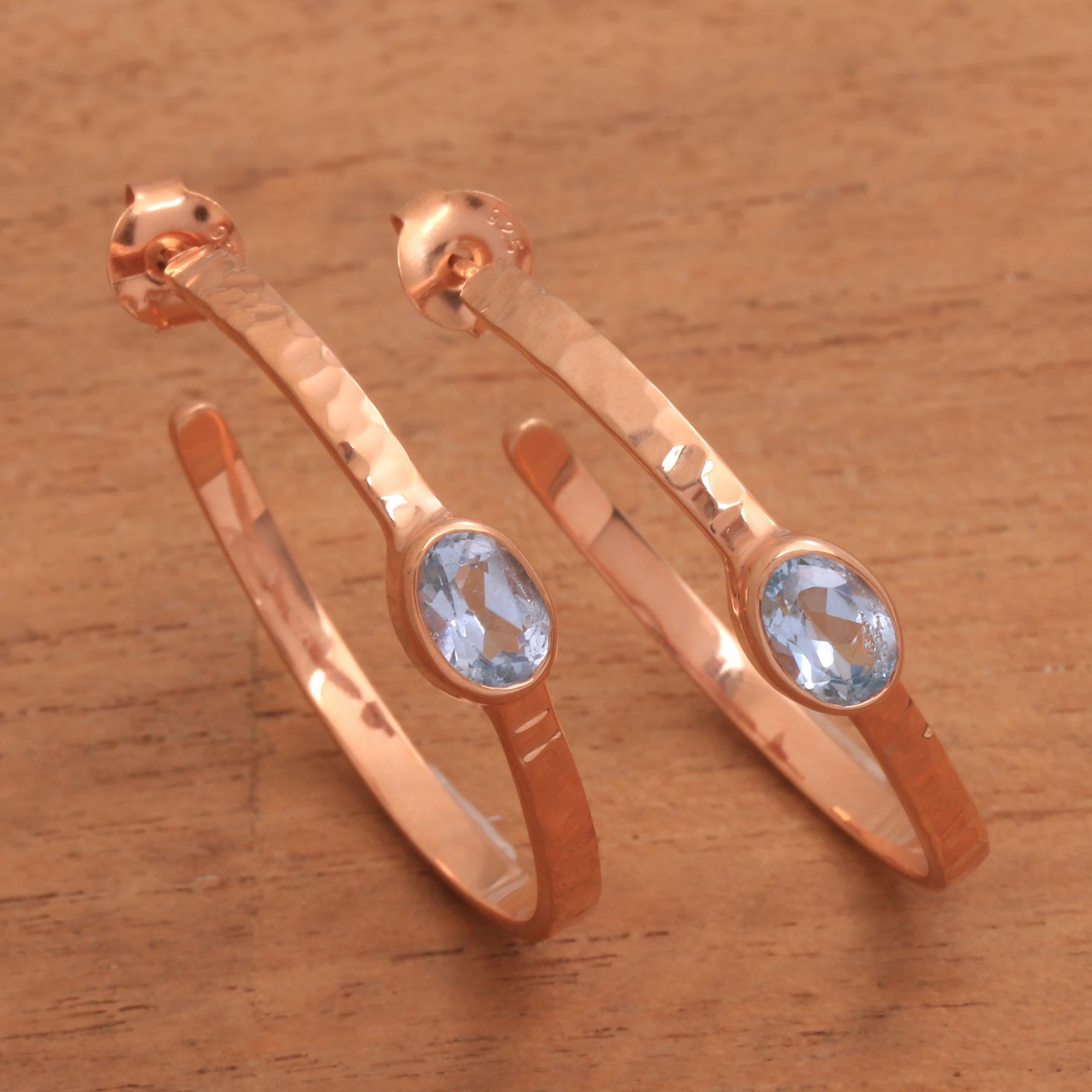 Premium Paradox Rose Gold Plated Blue Topaz Elegant Hoop Earrings