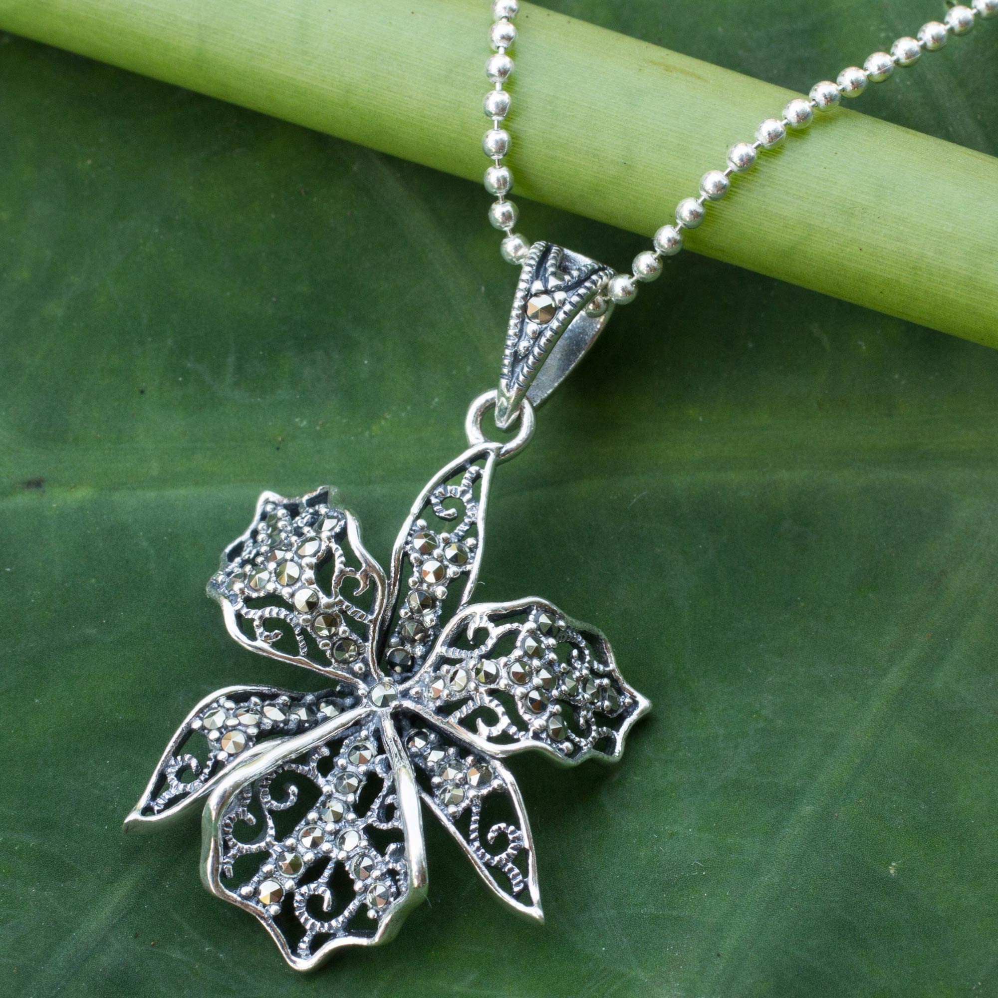 Premium Jungle Orchid Marcasite Pendant Necklace - Handcrafted Elegance