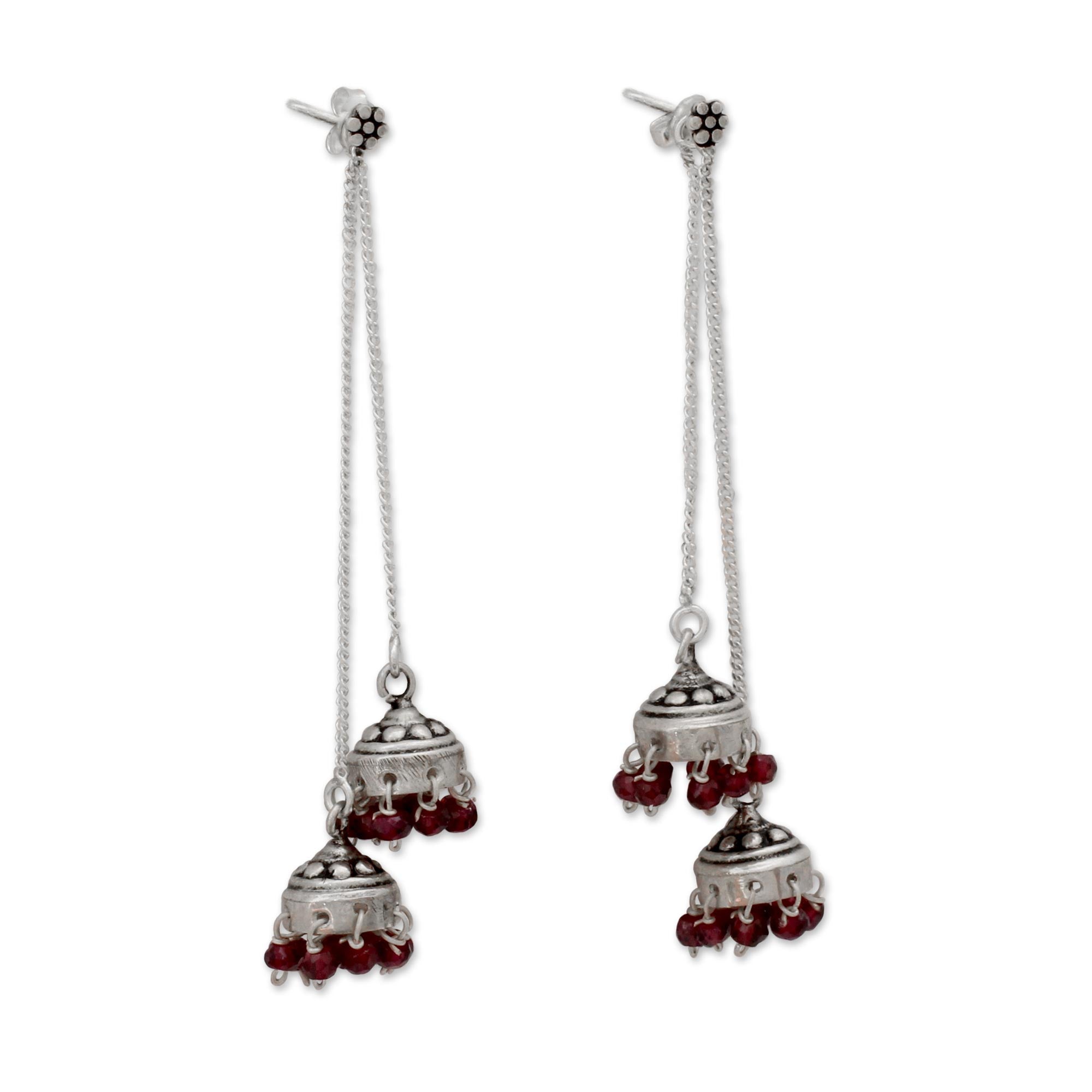 Premium Indian Sterling Silver Detachable Garnet Jhumki Earrings - Elegant Wedding Jewelry