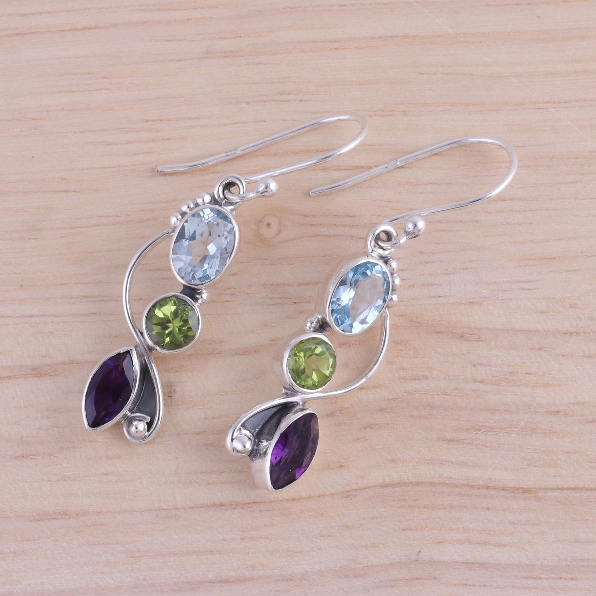 Ultimate Shimmering Alliance: Blue Topaz, Peridot & Amethyst Sterling Silver Dangle Earrings