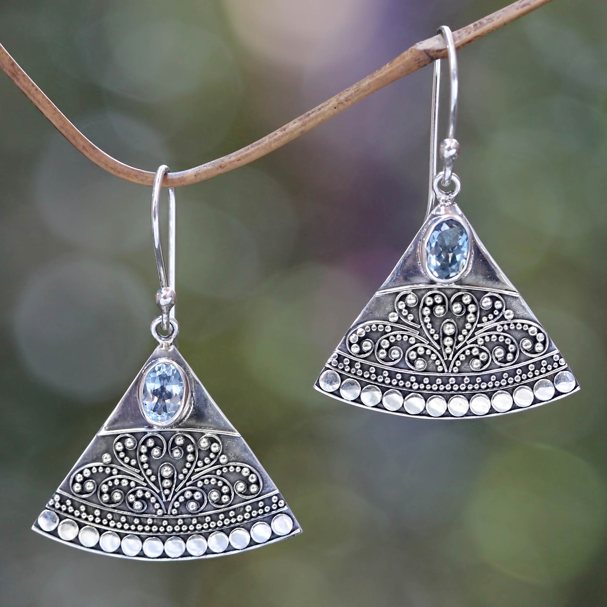 Premium Kintamani Indonesian Earrings with Blue Topaz - Handcrafted Sterling Silver Jewelry