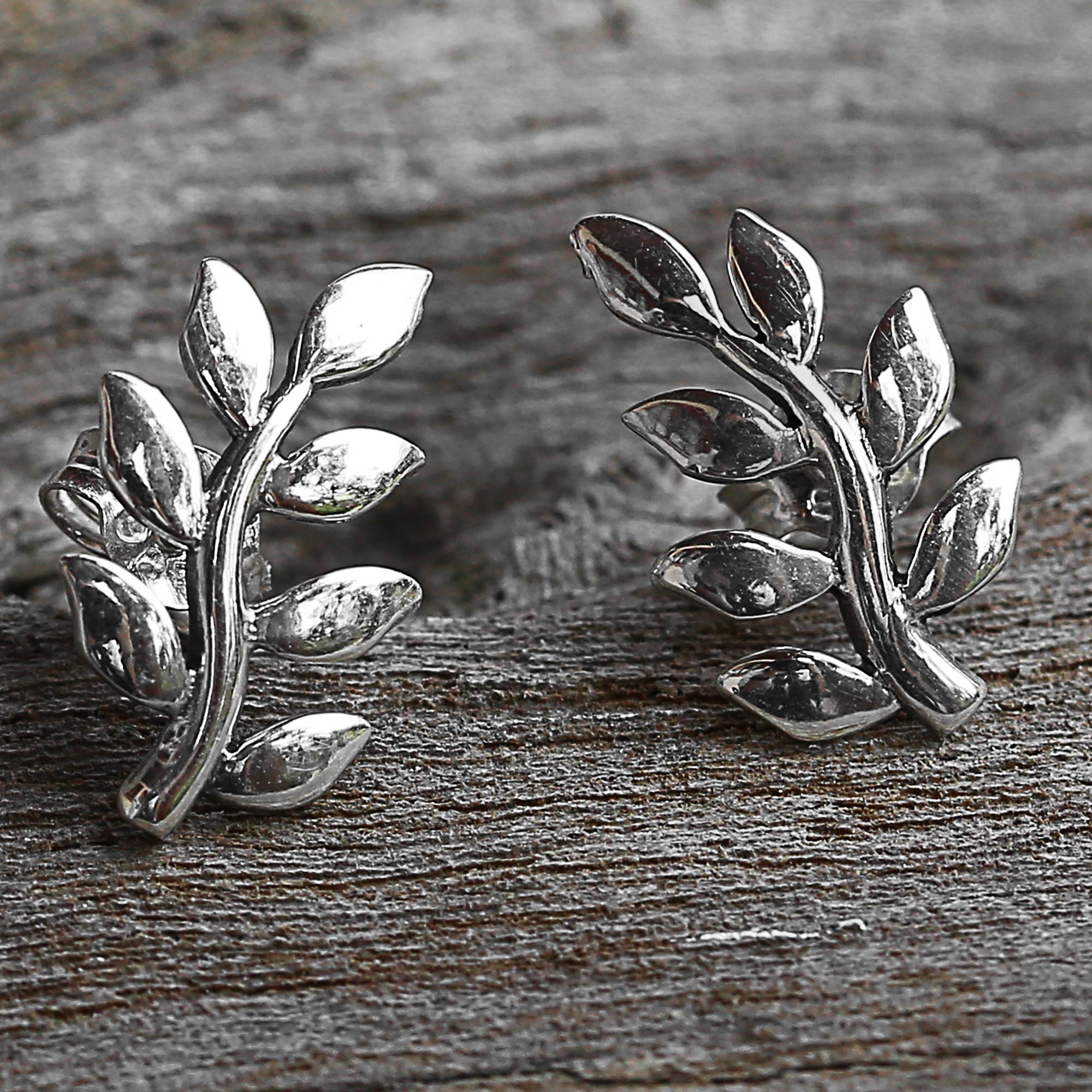 Premium Peaceful Leaves Sterling Silver Button Earrings